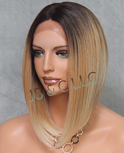 Lace Front Wig Straight Human hair blend Heat OK Blonde Dark Roots 2T27-613 LBY