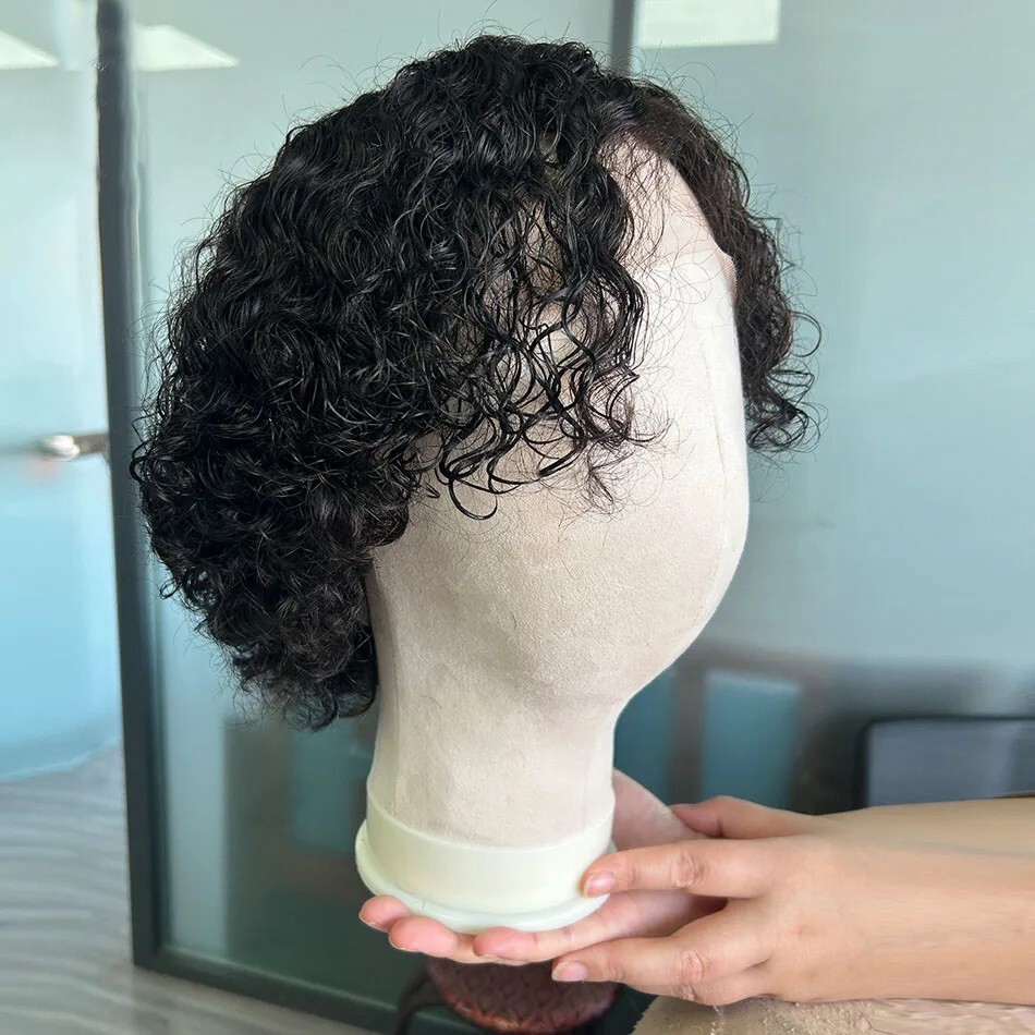 Human Hair Brazilian Remy Deep Part Curly Full Lace Wigs For Men Pixie Cut Short