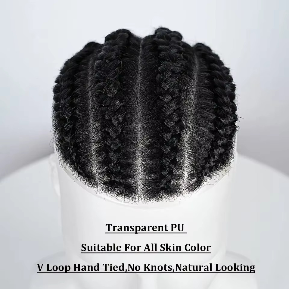 Cornrow Box Braided Human Hair Man Toupee Full Pu Skin Male Toupee For Men Wigs
