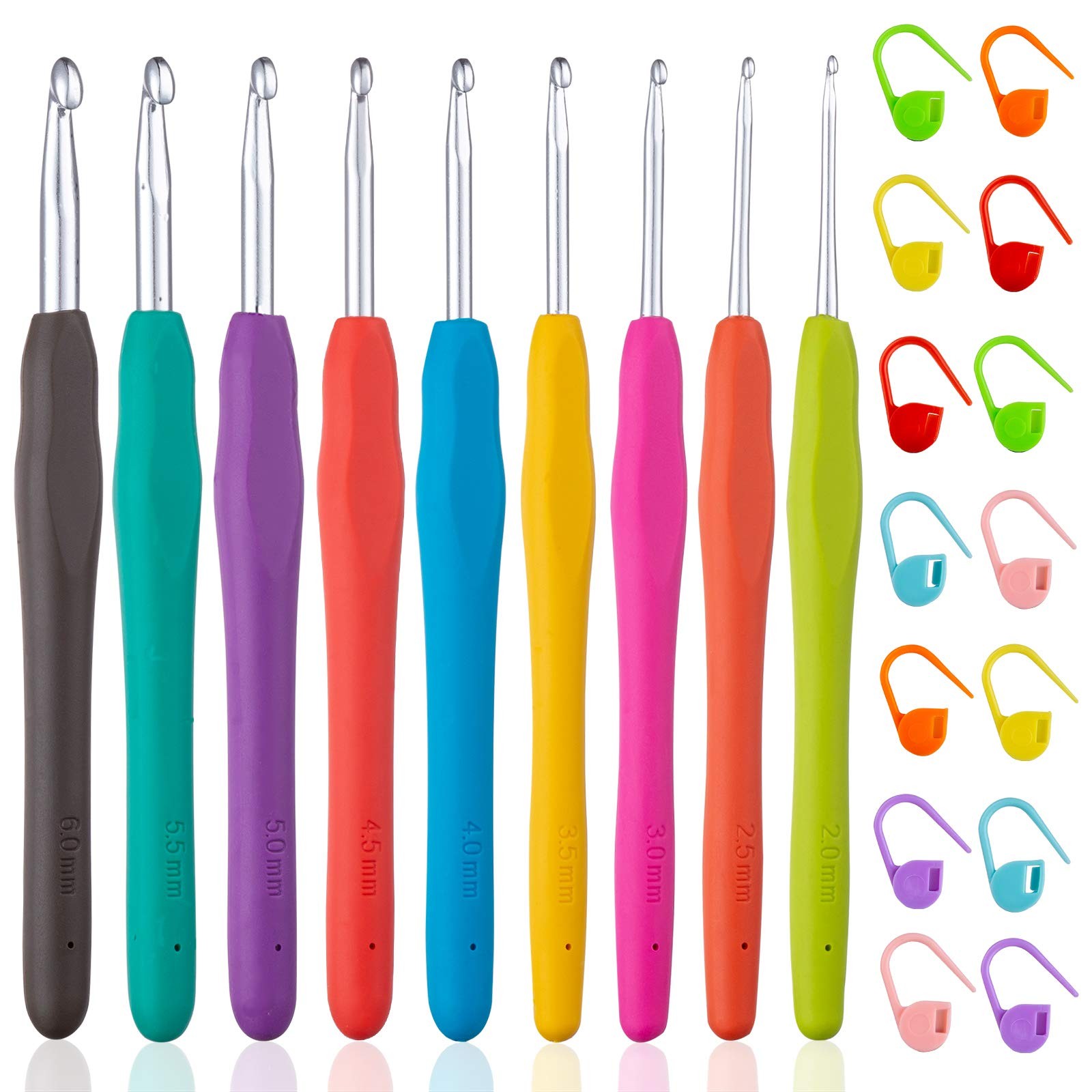 Vodiye 23 PCS Crochet Hooks, Ergonomic Handle 9 Size(2.0-6.0mm), Multicolor