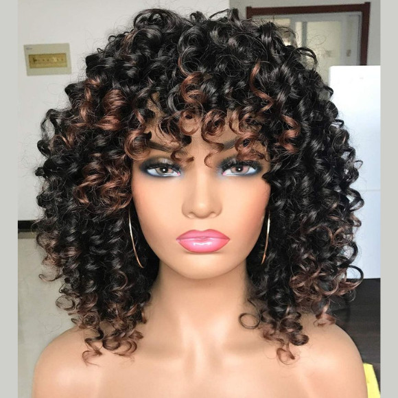 Afro Curly Wig with Bangs Black & Warm Brown Highlights Natural Synthetic Hair