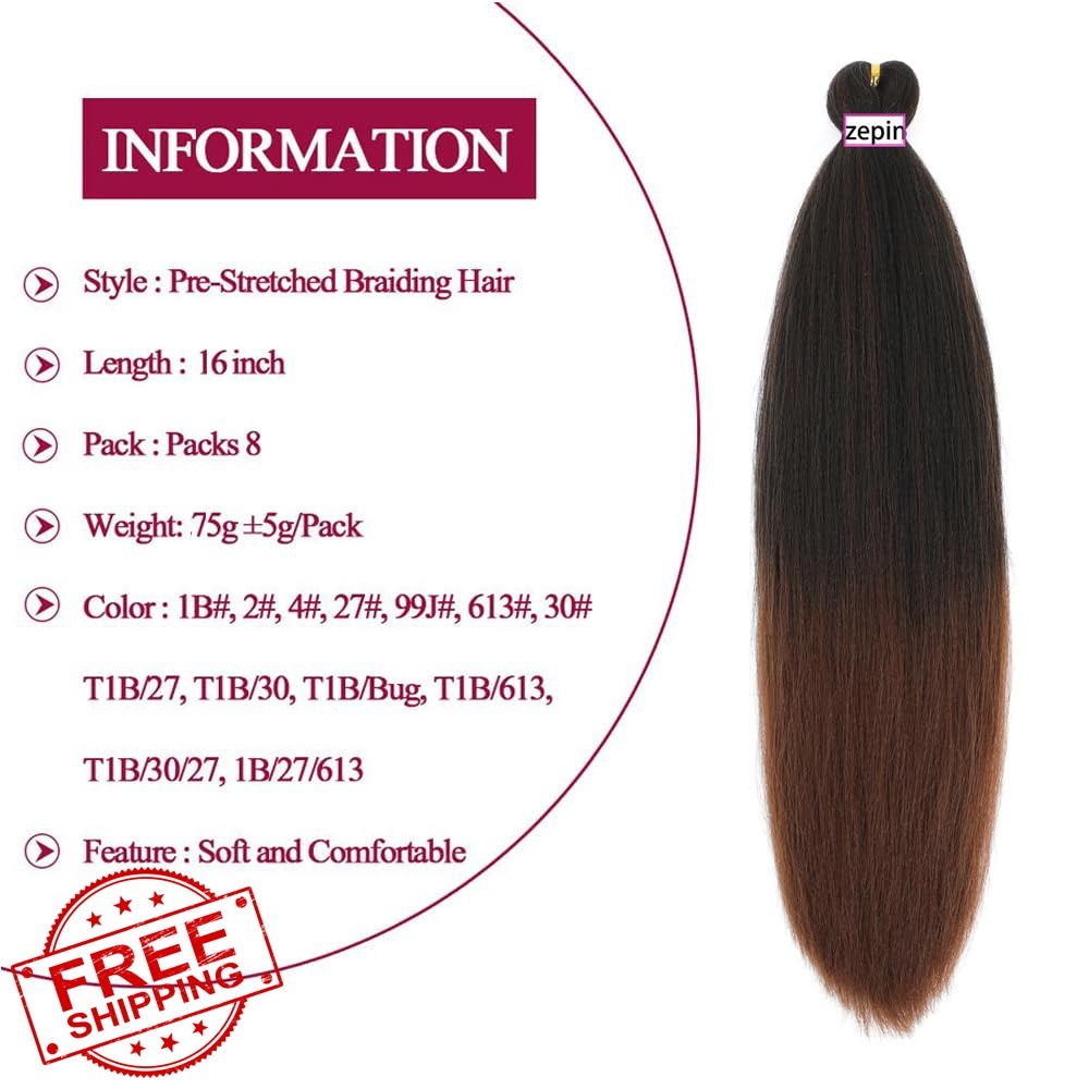 zepin 16 Inch 8 Packs Braiding Hair 1B/30