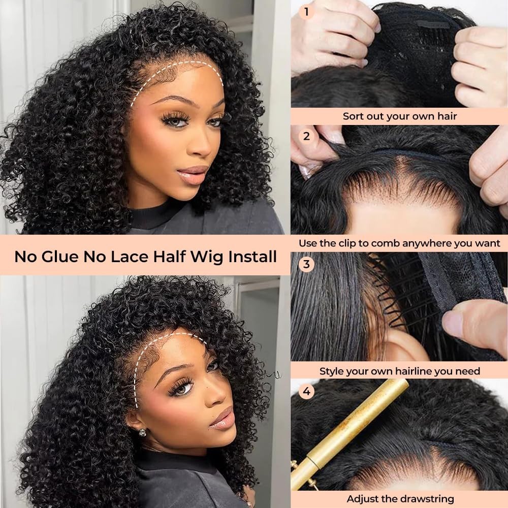250% Density Curly Half Wig Human Hair – Glueless 3-in-1 Drawstring Clip-Ins, 16