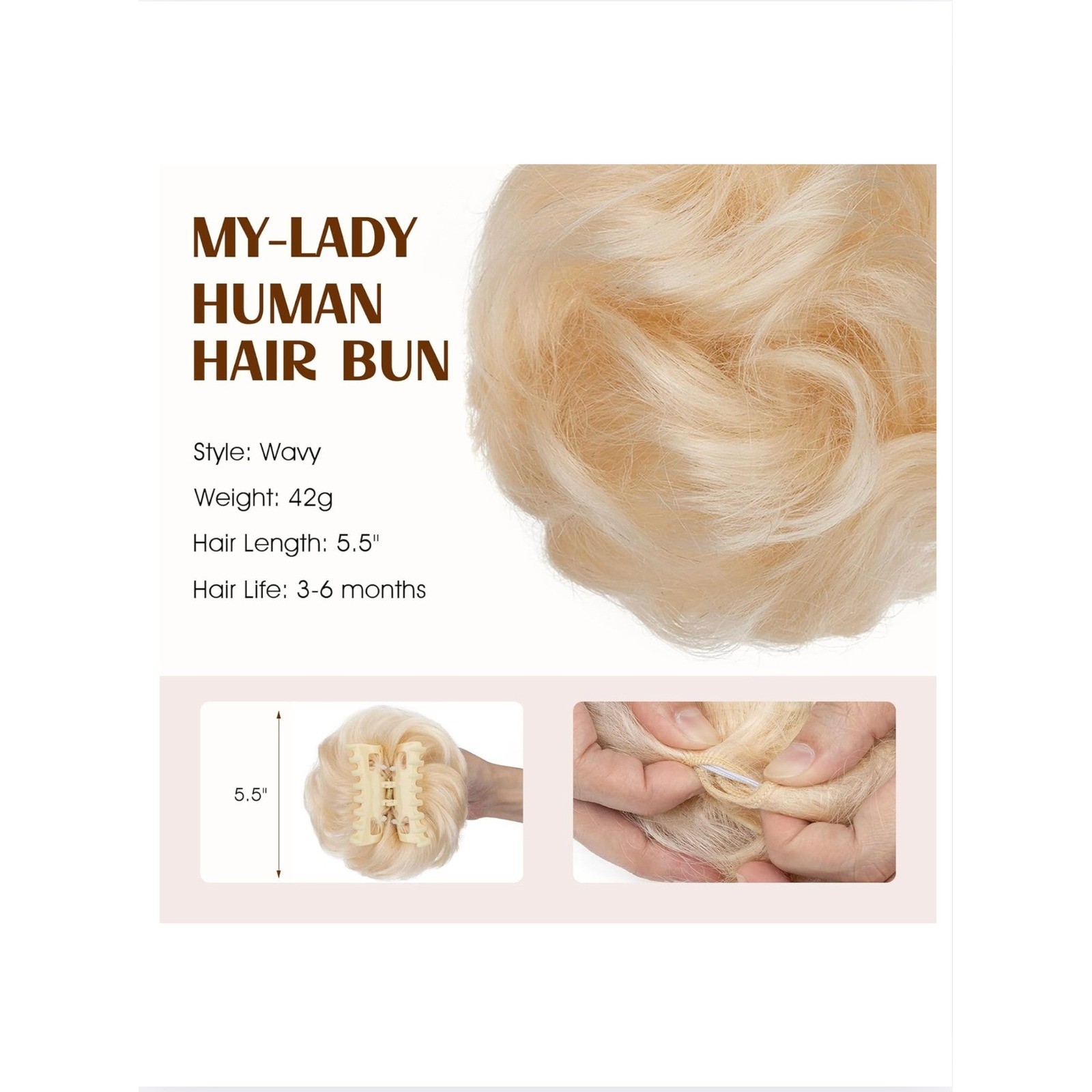 MY-LADY Human Hair Claw Clip Messy Bun Extension Platinum Blonde Wavy Hairpiece