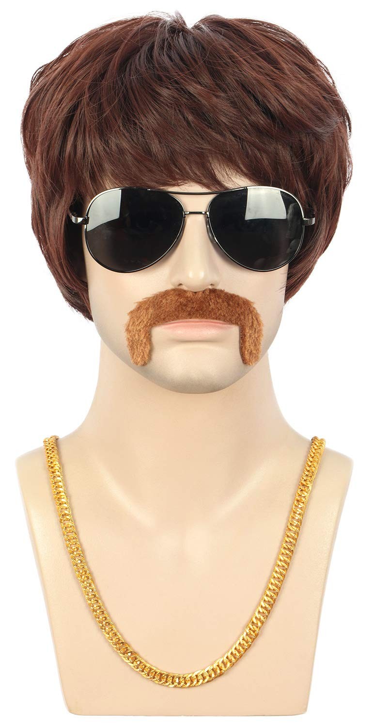 Adult Men Short Straight Brown California 70s 80s Rocker Moustache Disco Wig …