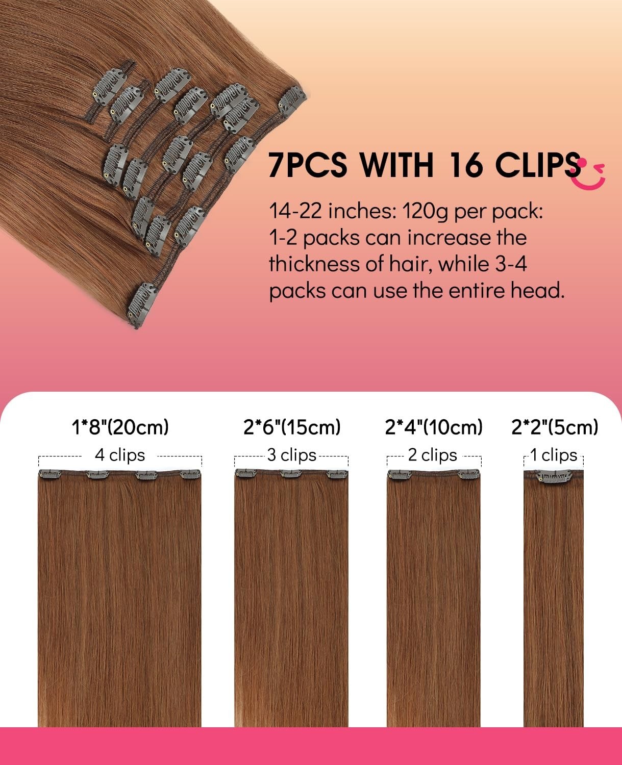 18″ Clip-In Real Human Hair Extensions, 120g, 7Pcs, Double Weft, Auburn Color 33