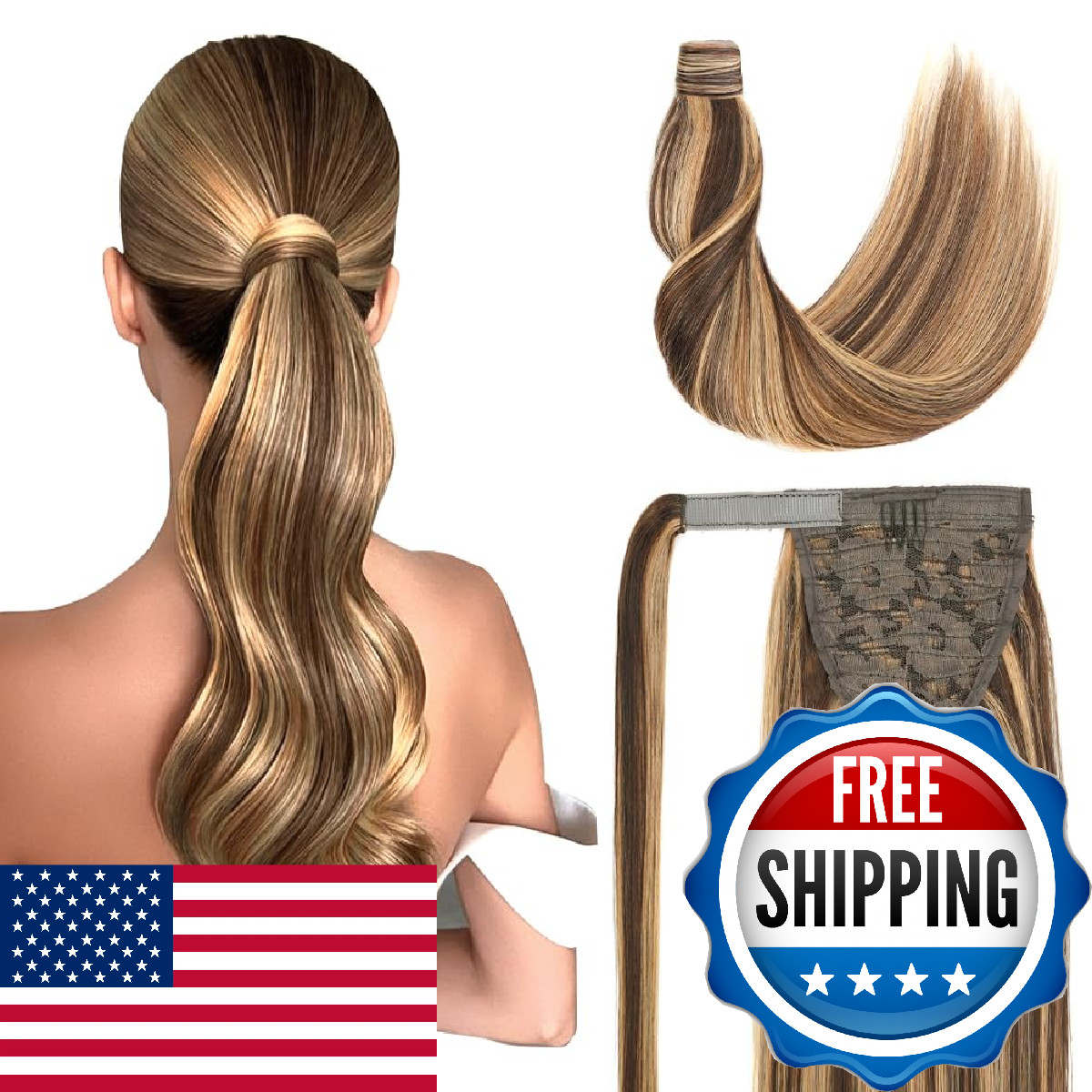 Amygirl Ponytail Extension Human Hair 16 Inch Medium Brown Mixed Blonde Silky