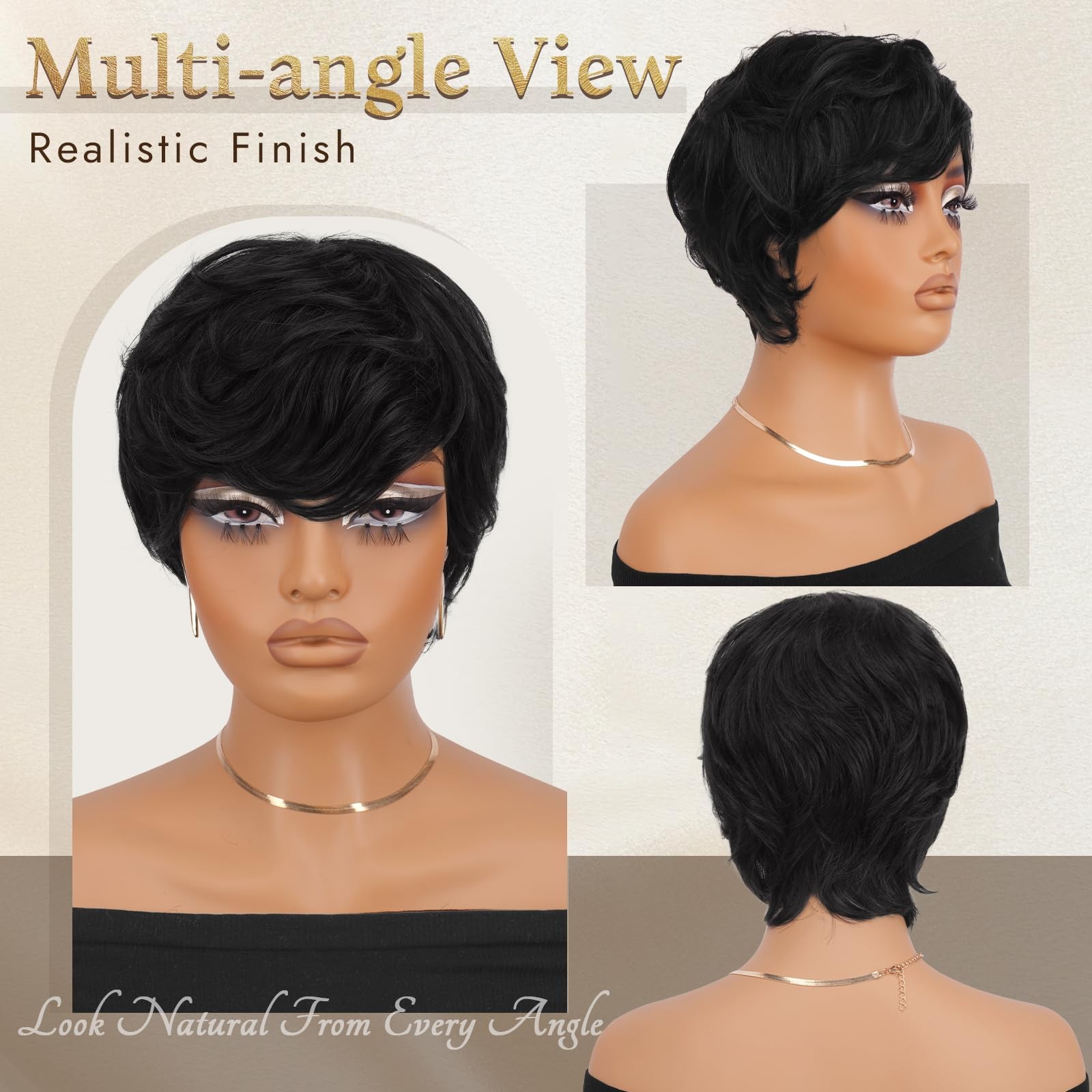 Ruwiss Pixie Cut Wig Human Wigs For Black Women Bangs Natural Layered Wavy Wig