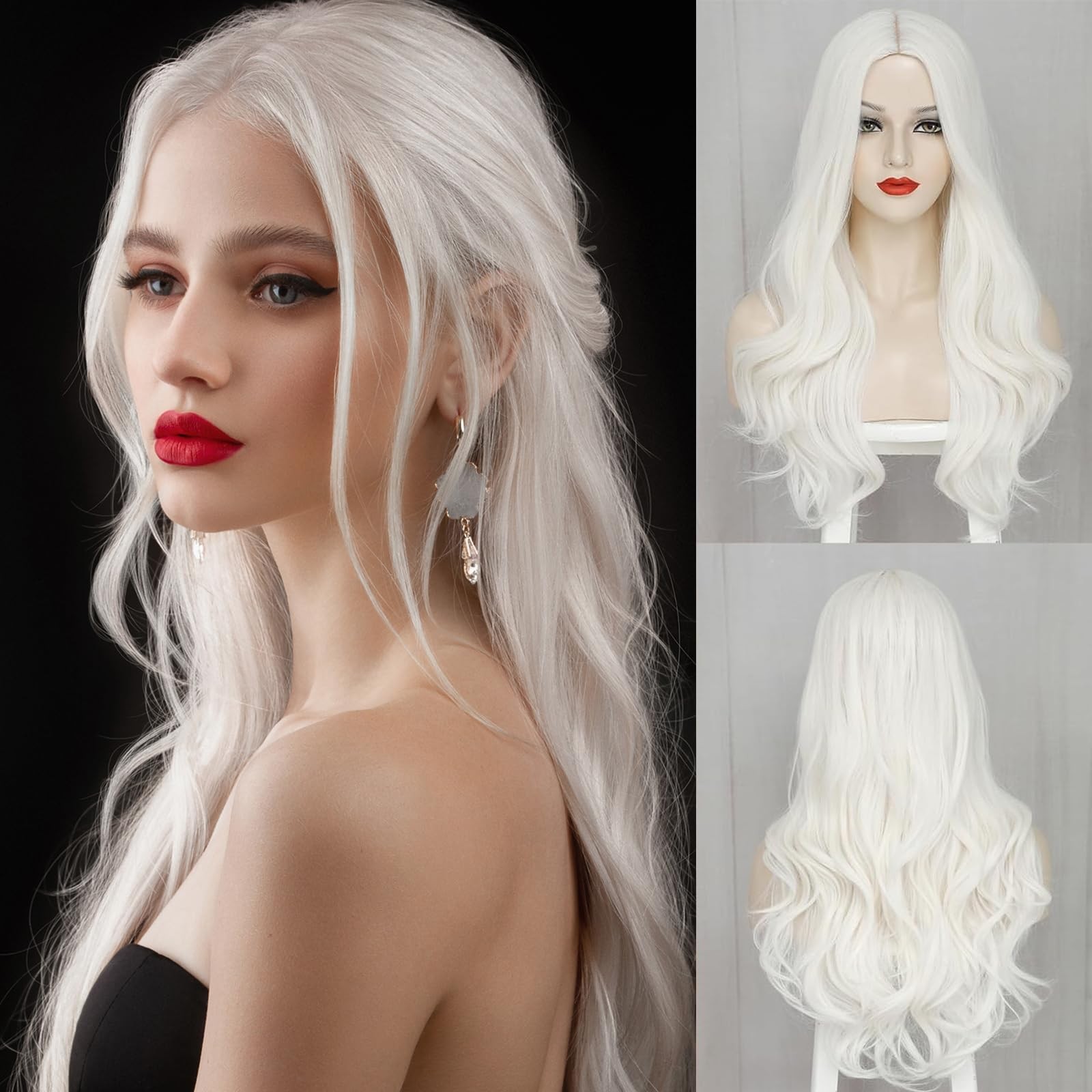 White Wig – 26 Inch Synthetic Wavy Wig for Women – Natural Looking – Middle P…