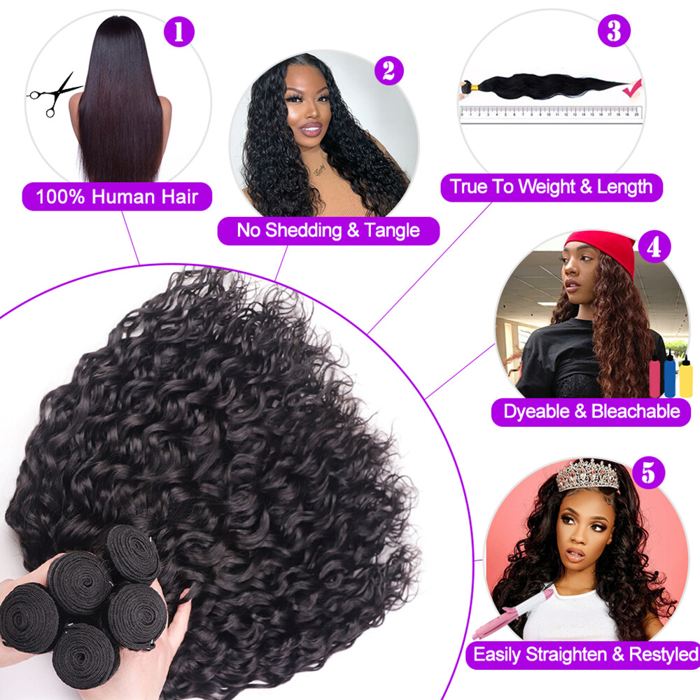 UNice Indian Water Wave Human Hair Extensions 3 Bundles With Lace Closure Weave