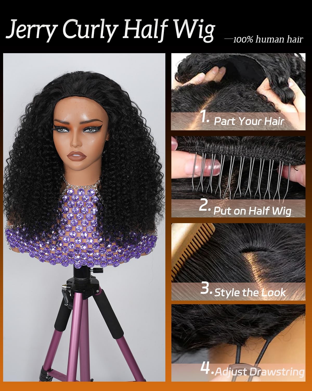 Sherico Kinky Curly Half Wig Human Hair 200 Density 3 In 1 Seamless Flip Over