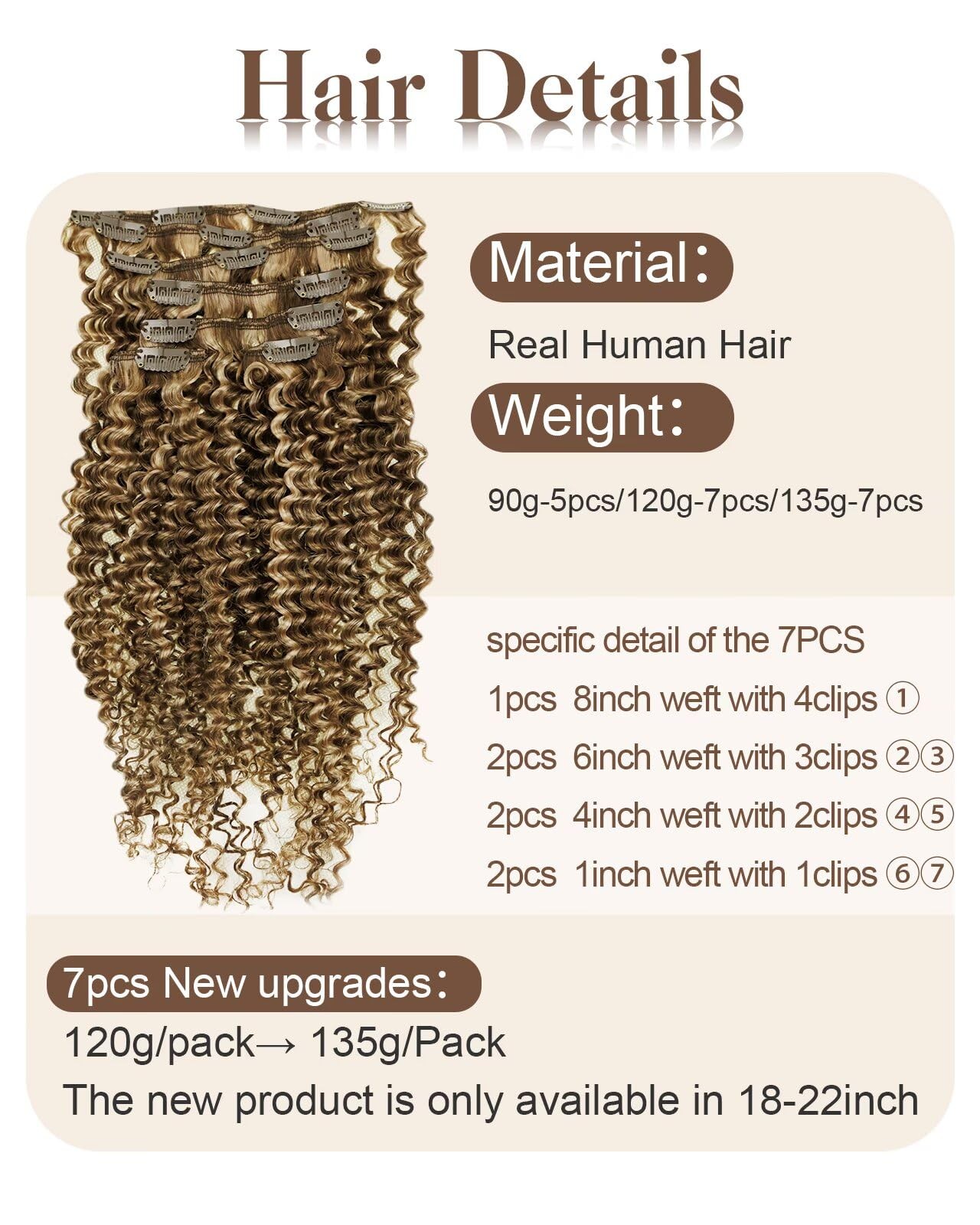 Hetto Curly Clip In Human Hair Extensions Medium Brown 18Inch 120G 7Pcs Kc
