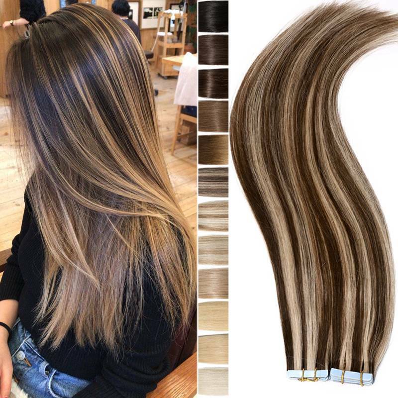 10-60pcs Tape In Real Human Hair Extensions Remy Skin Weft Full Head Mixed Color