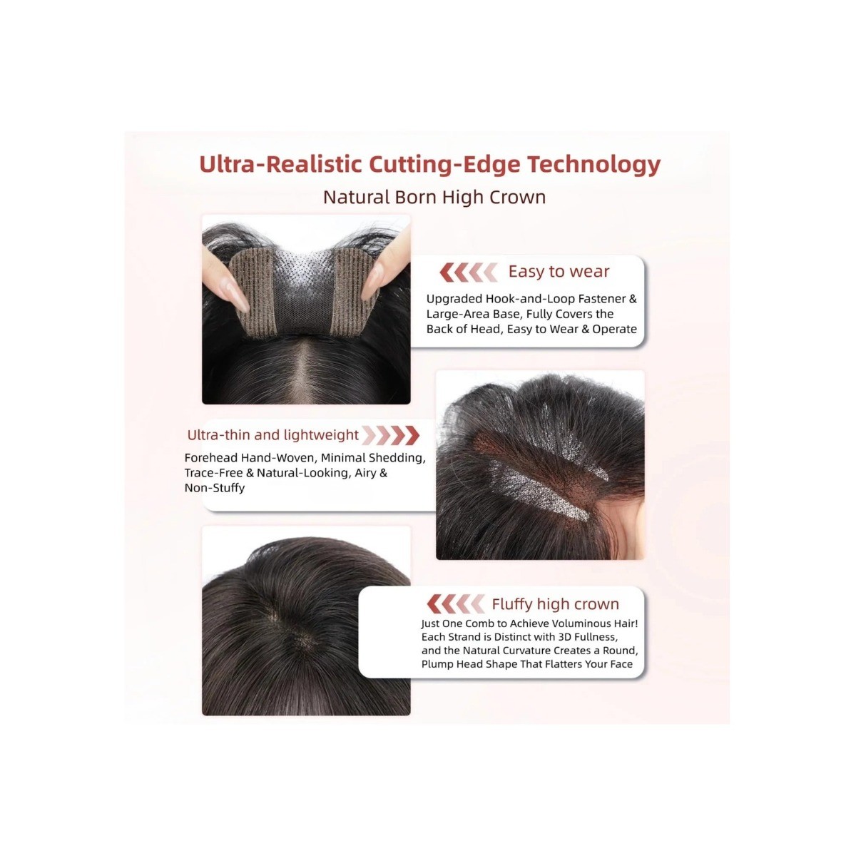 No Clip Human Hair Topper U-Shaped Glueless Hairpiece Dark Brown 10in Bangs