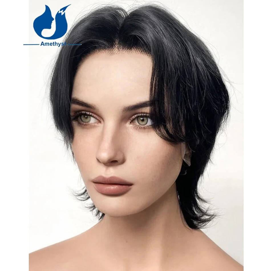 Layered Men’s Mullet Wig Lace Front Human Hair Remy Brazilian Wig Curtain Bangs