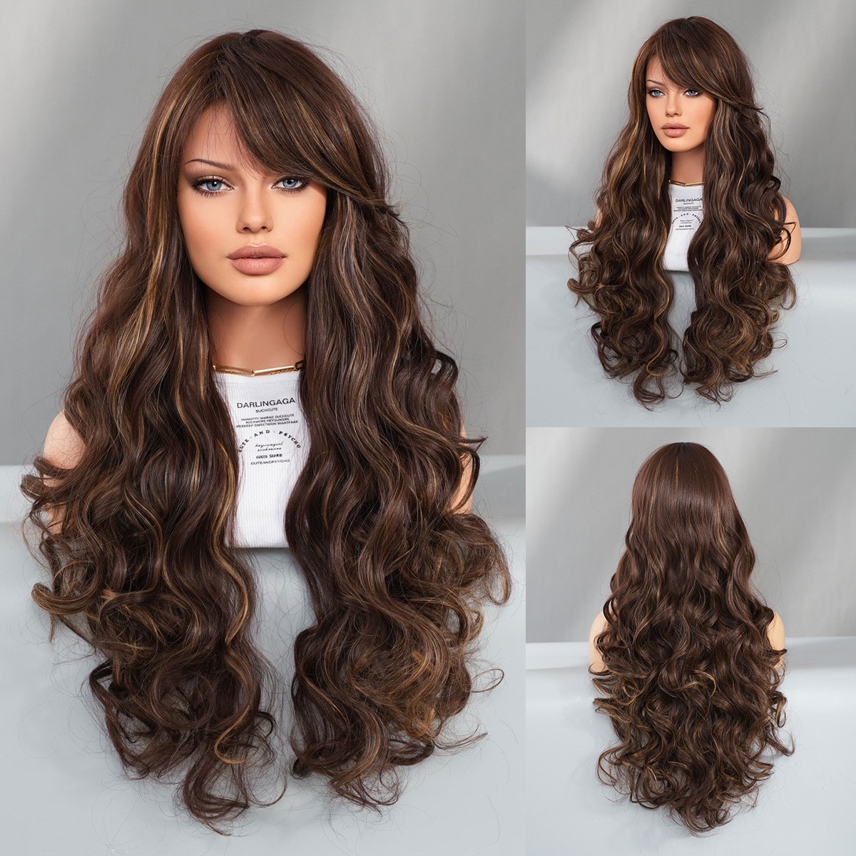 Long Wavy Wig Auburn Blonde Highlight Side Bangs Curly Full Head Daily Wear Hair