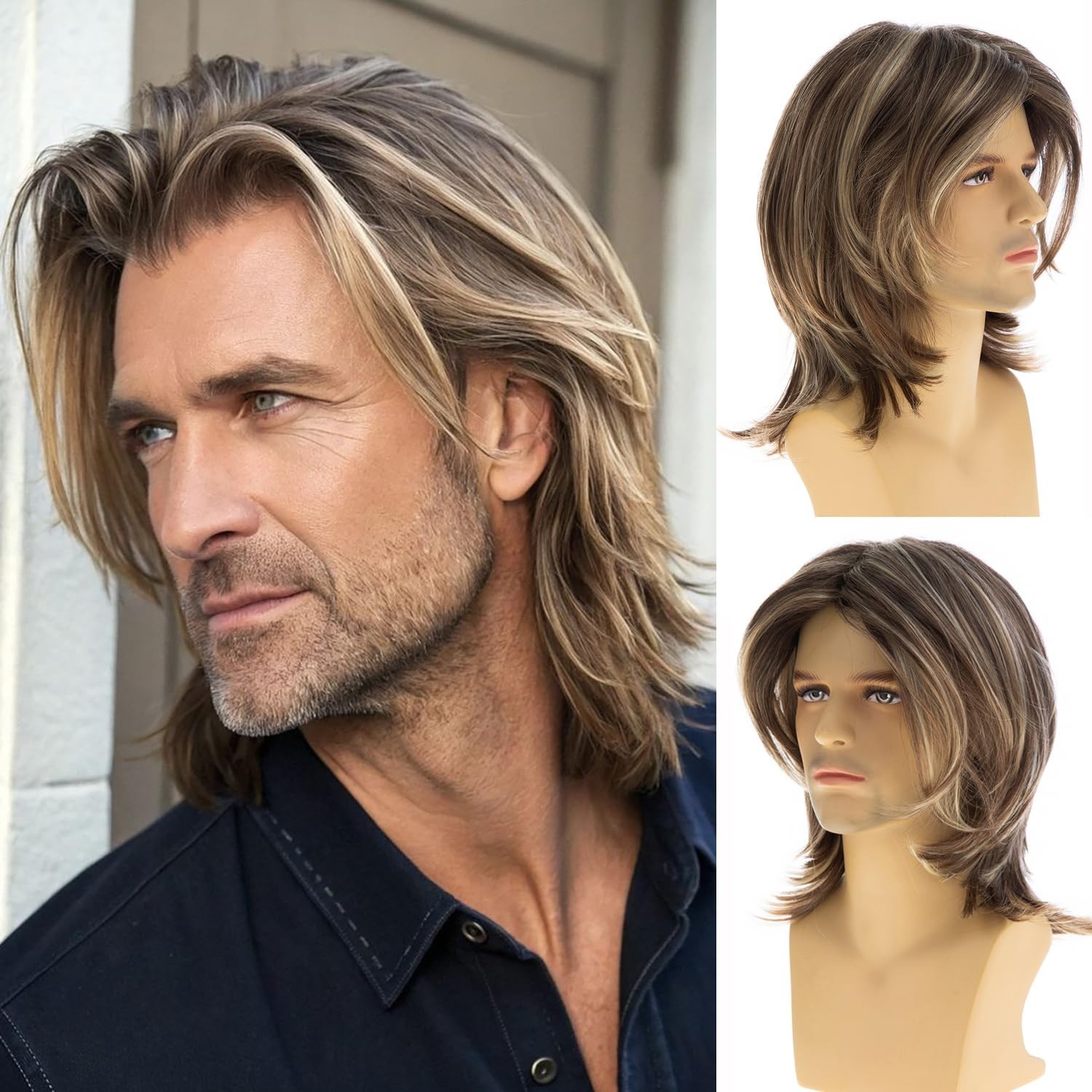 Mens Shoulder Length Wig – Heat Resistant – Adjustable Cap