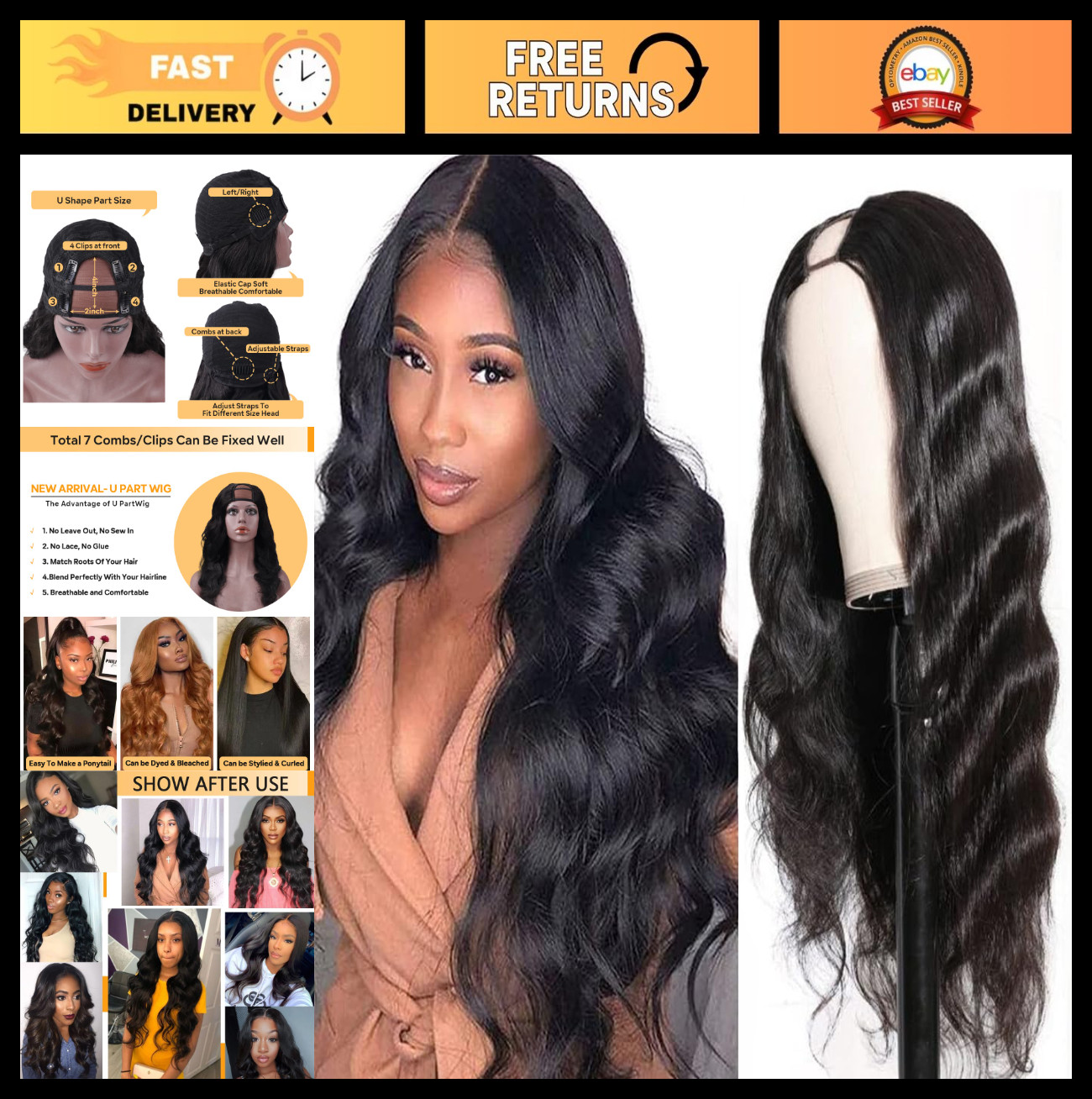 26-Inch Body Wave U Part Human Hair Wig – 250% Density, Clip-In, No Leave Out, N