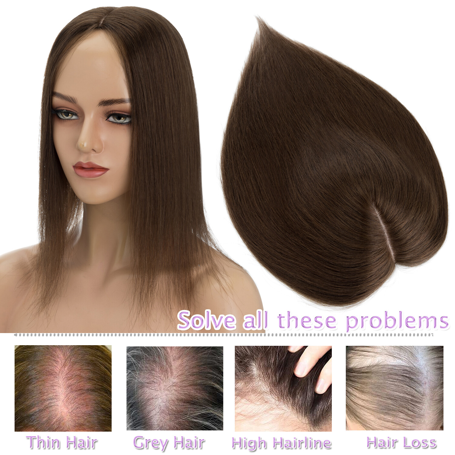 100% Real Remy Human Hair Silk Base Topper Clip in Top Women’s Hairpiece Toupee