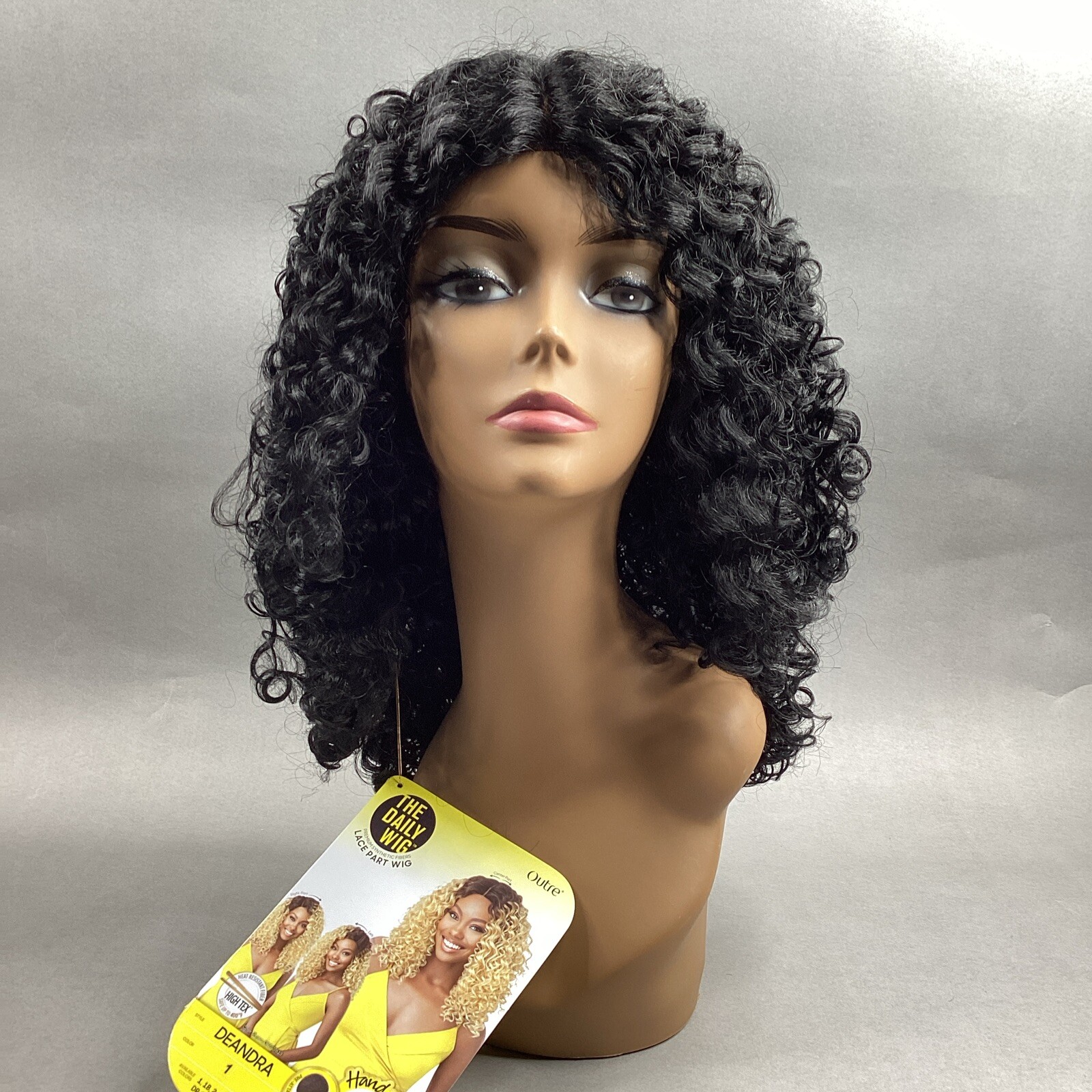 Deandra Long Curly #1 Jet Black Premium Synthetic Lace Part Wig