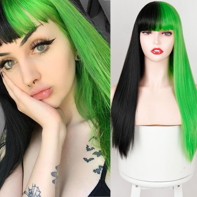 Long Synthetic Half Black Green / Yellow Blue / Orange Straight Wig with Bangs