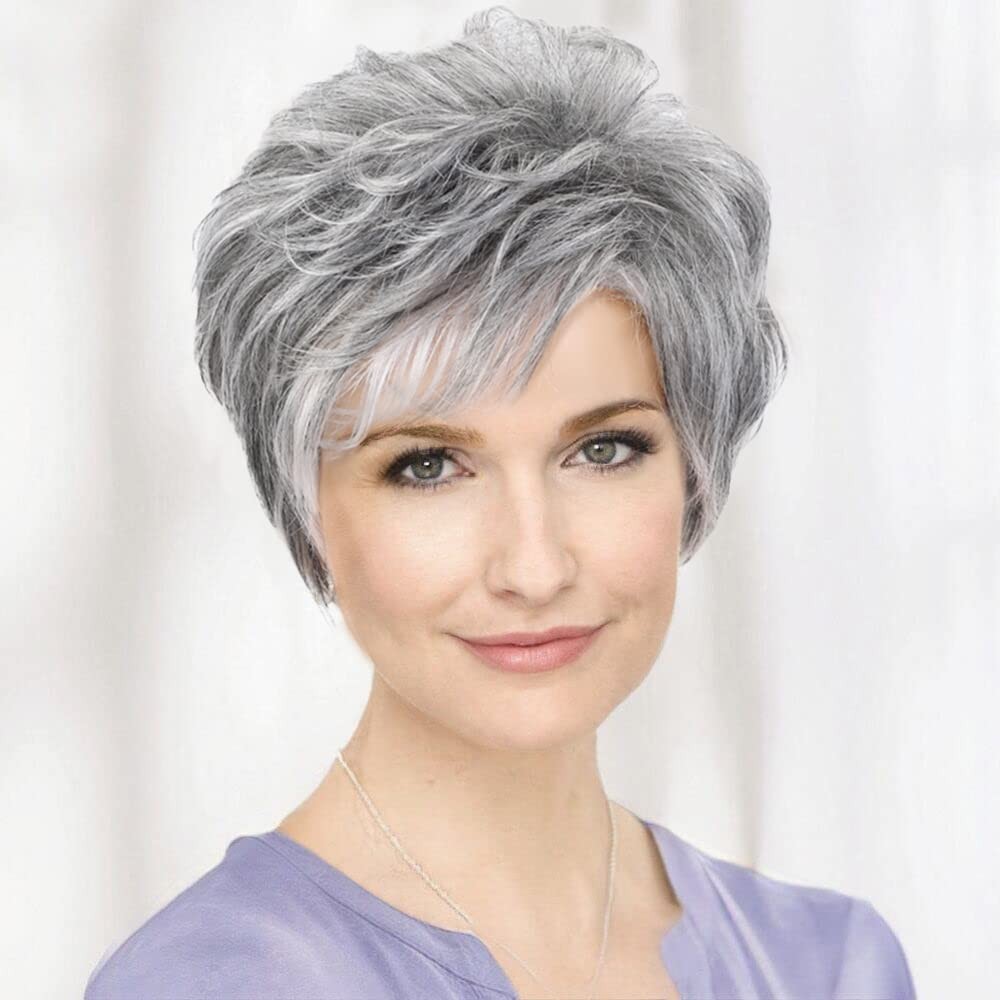 Short Grey Human Hair Wigs for Women Blend Pixie Cut Wig With Bang,Natural Da…