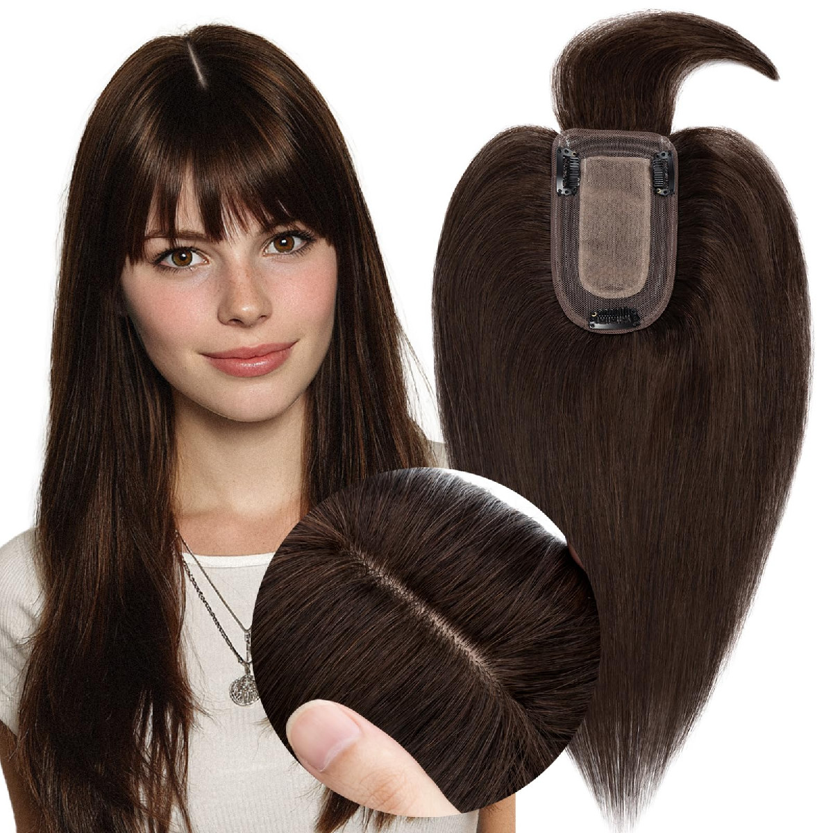 My-Lady Human Hair Toppers For Women Real Human Hair Bangs Thin 7 Silk Base
