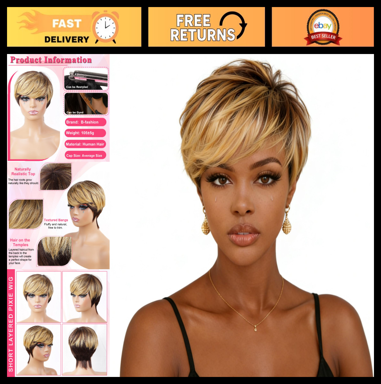 Ombre Pixie Cut Wig Human Hair Short Layered Wigs for Women, Bangs, Glueless, Ho