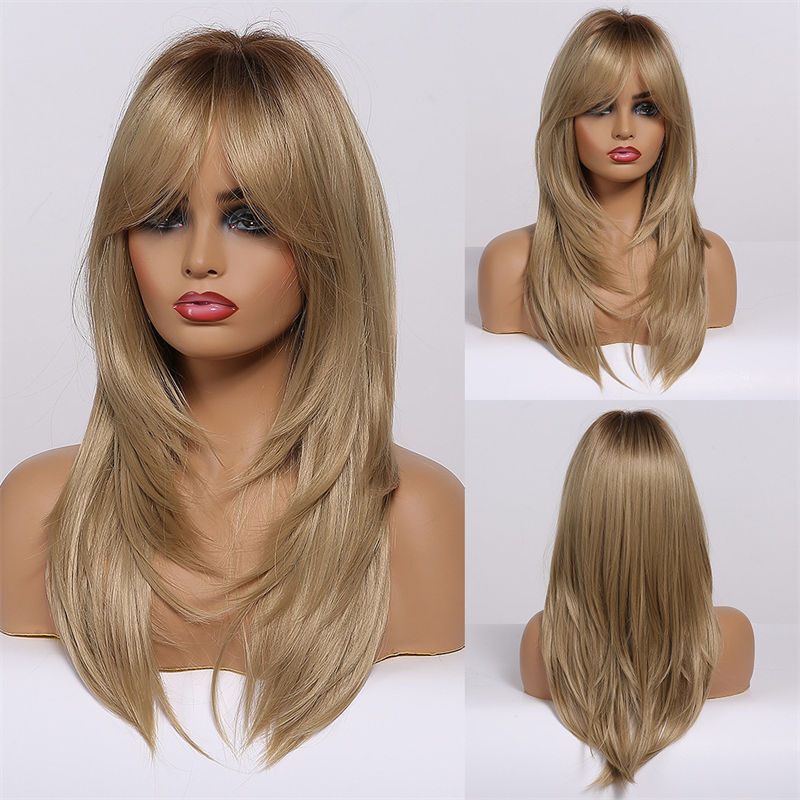 Women Wig Fashion Gradient Golden Fiber Wig High-Temperature Eight-Character