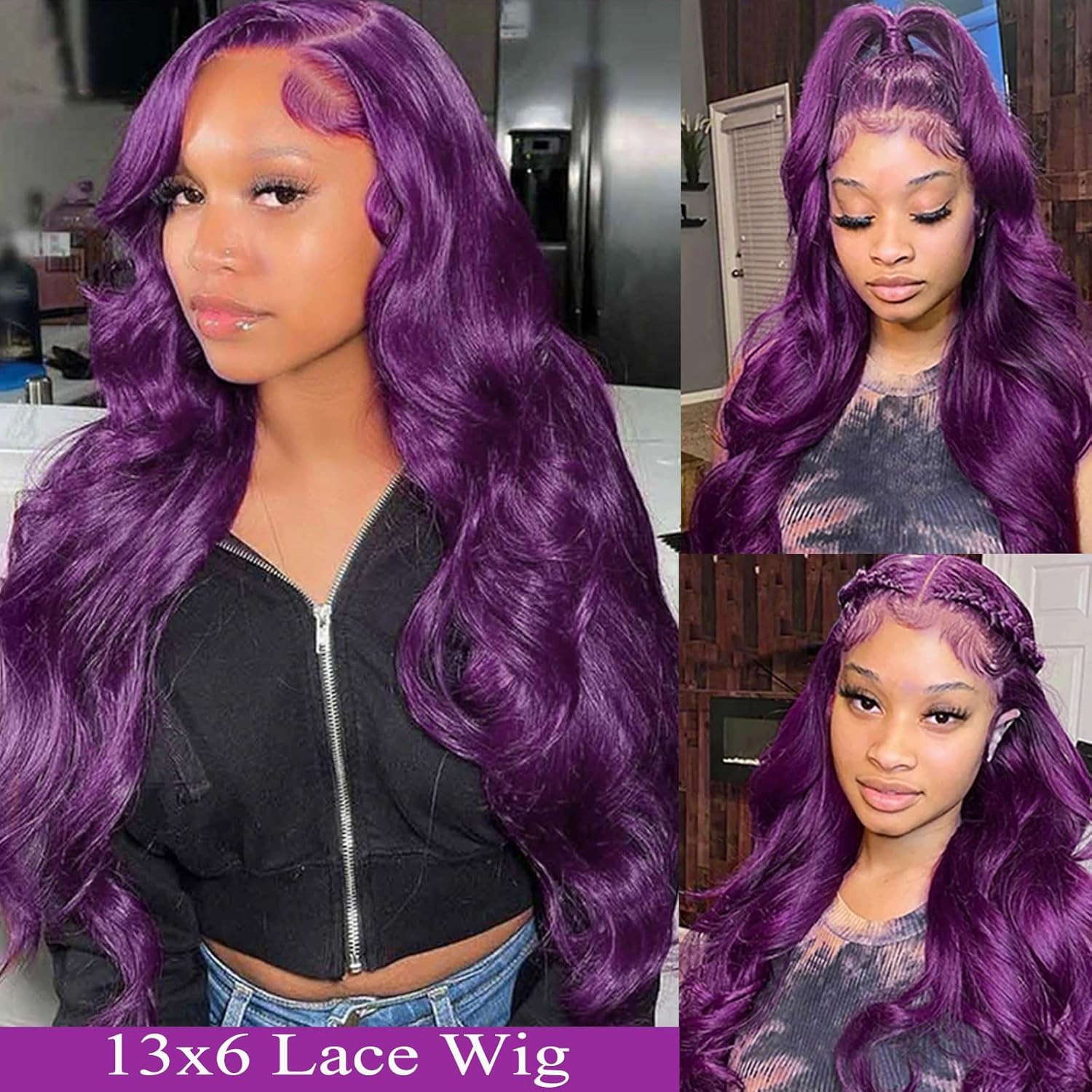 Dark Purple Human Hair Wig 13X6 Body Wave Deep Purple Lace Front Wig Pre Plucked