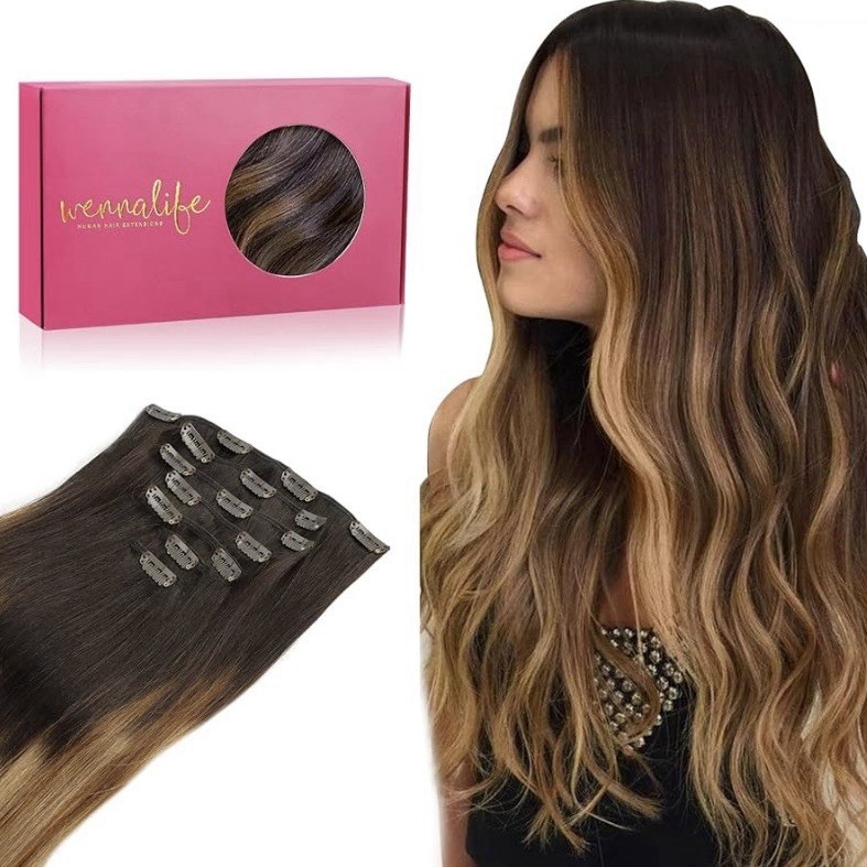 Wennalife 14″ 120g 7pcs Double Weft Remy Clip In Human Hair Extensions #2/6/18