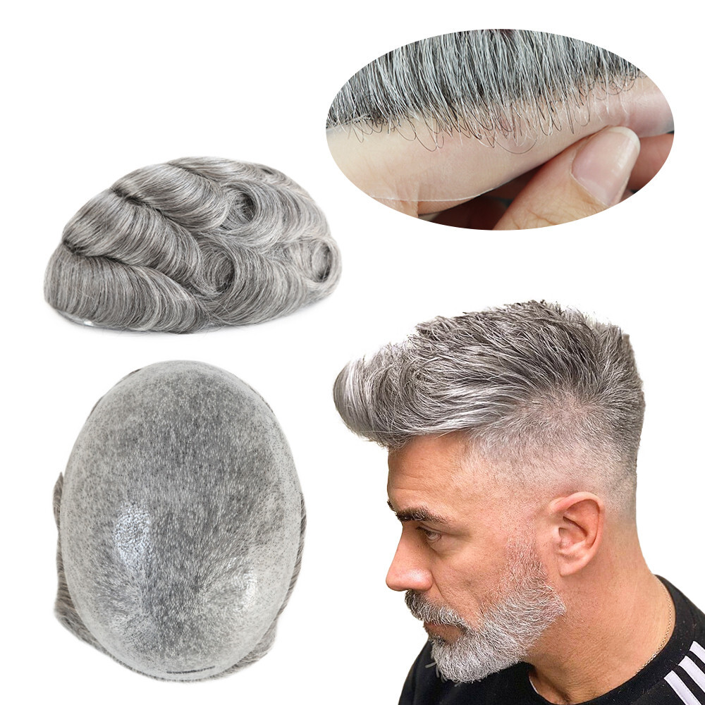 Mens Toupee Thin Skin Human Hair Replacement System BIO Hairpieces 8×10 #1B65