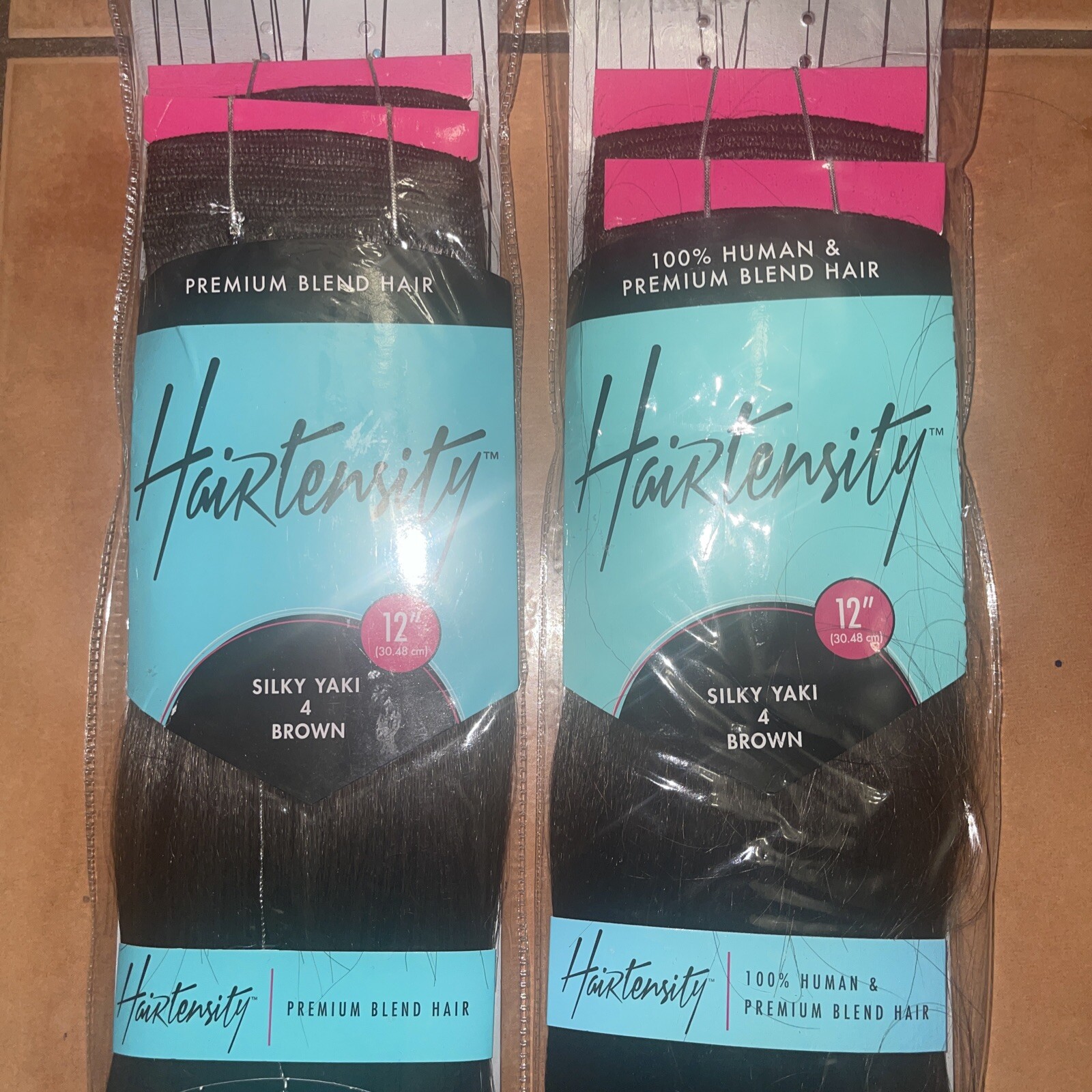 NEW Hairtensity premium blend hair extensions. Silky Yaki 4 Brown 12”. Set Of 2