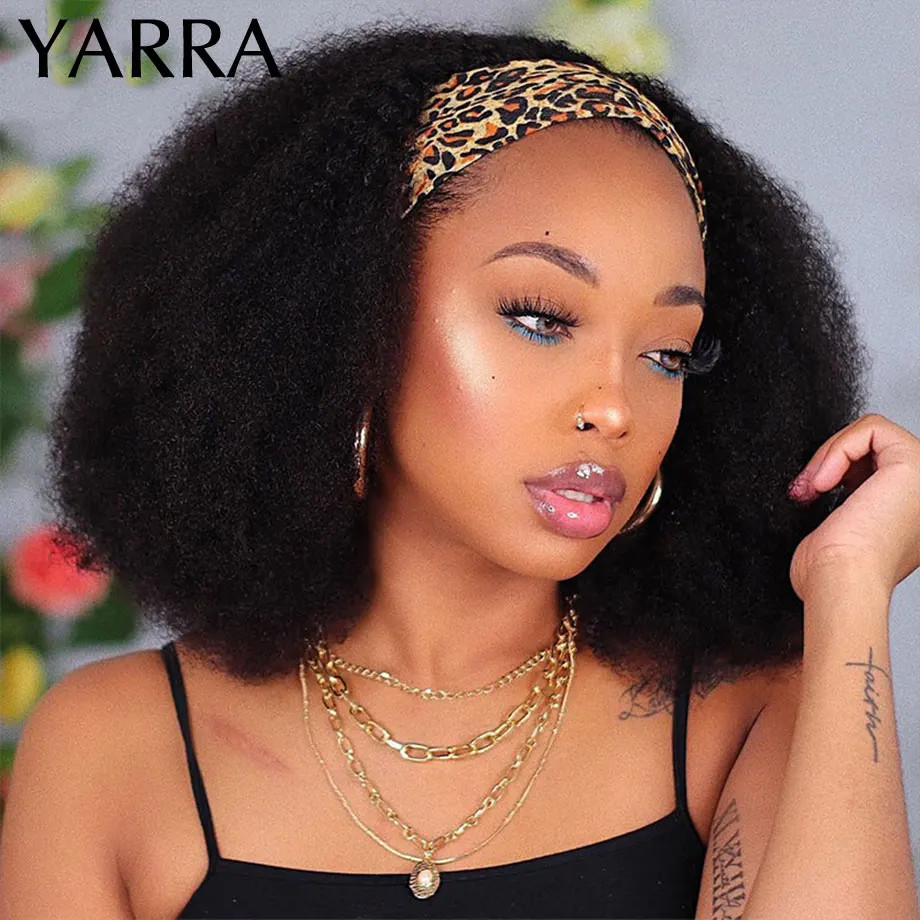 Afro Kinky Curly Human Hair Headband Wig For Black Women 180% Density Glueless