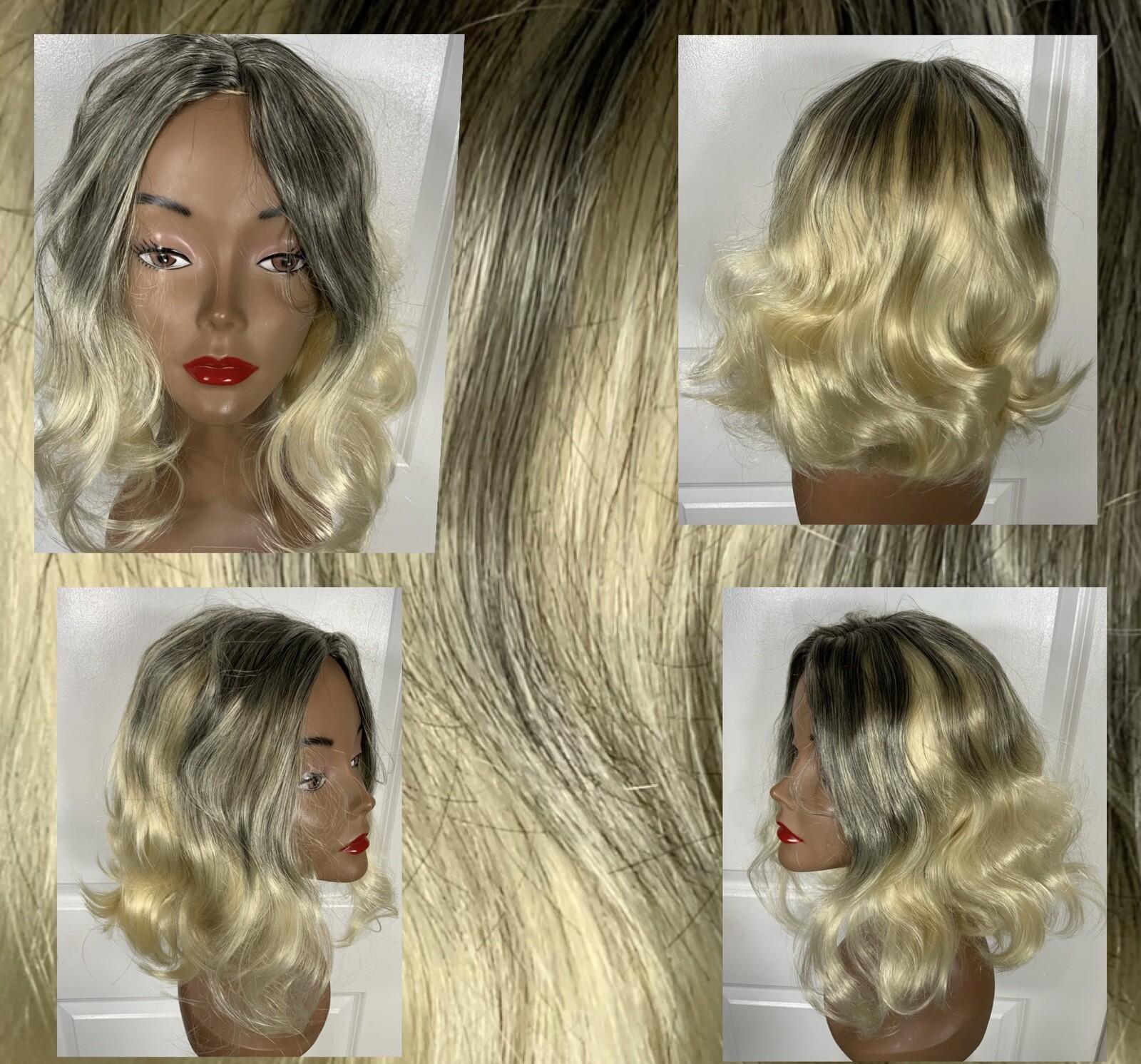 Synthetic Wig Light Blonde/Ash Gray Roots SZ Average Wavy Shoulder Length J-2