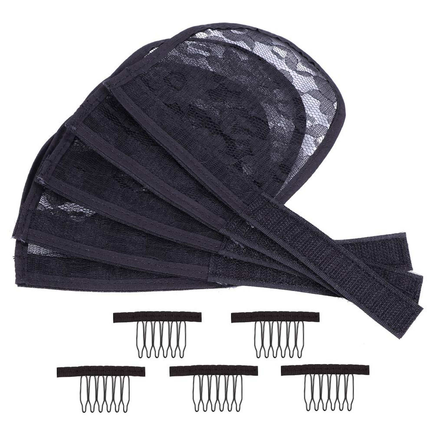 5PCS Lace Base for Ponytail with Combs – Large Hair Net – Magic Buckle – Black