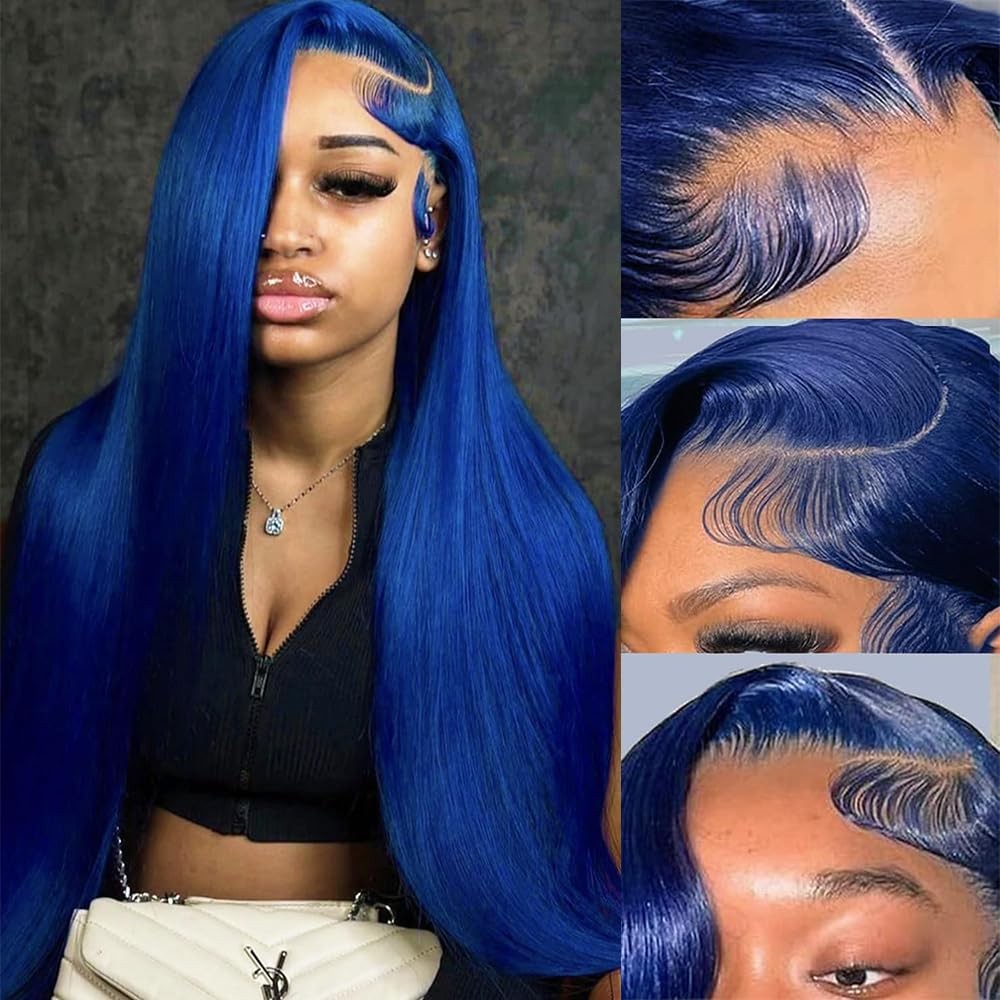 Amzhair 13X6 Dark Blue Lace Front Wigs Human Hair Straight Hd Transparent Royal