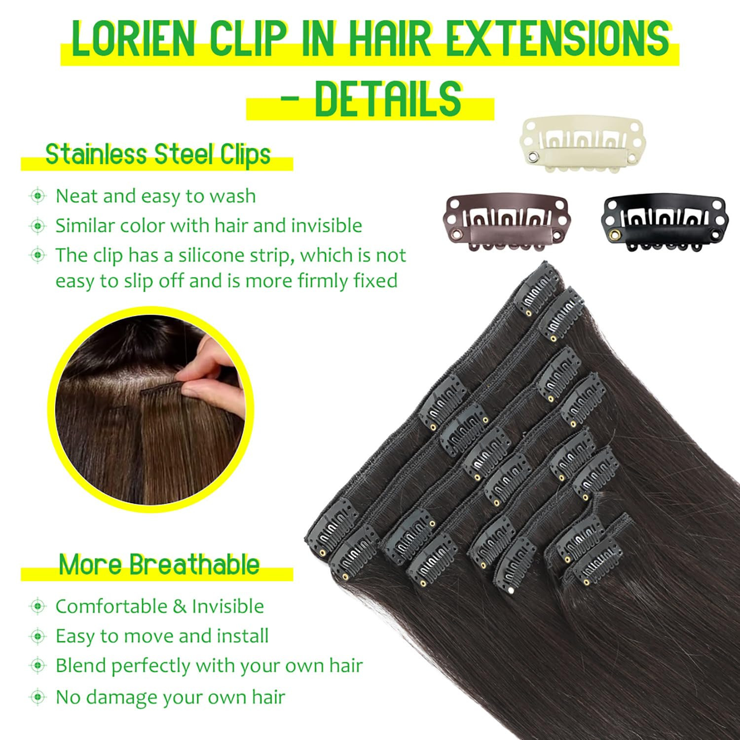 Clip in Hair Extensions Real Human Hair, 18 Inch 100G/3.6Oz, 1B Natural Black, C