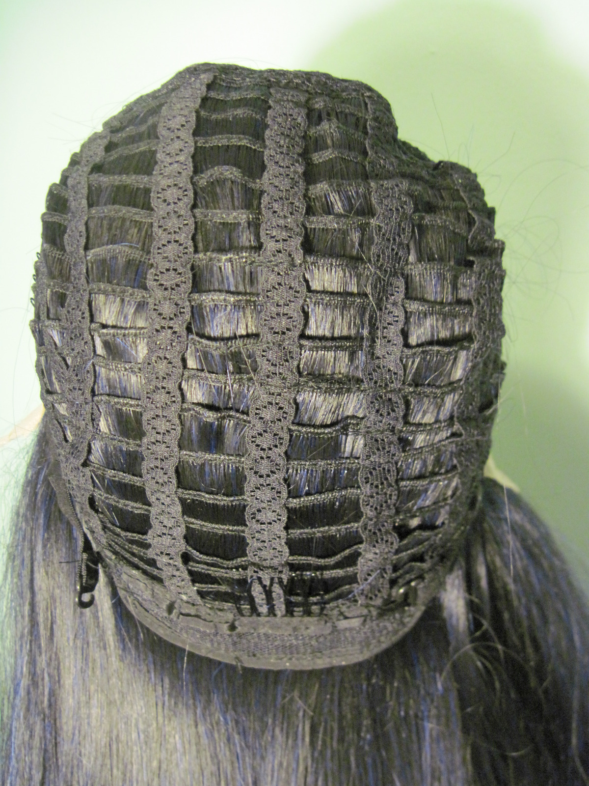 30″ straight, long, black lace front hand tied wig – Vamp – purple highlights