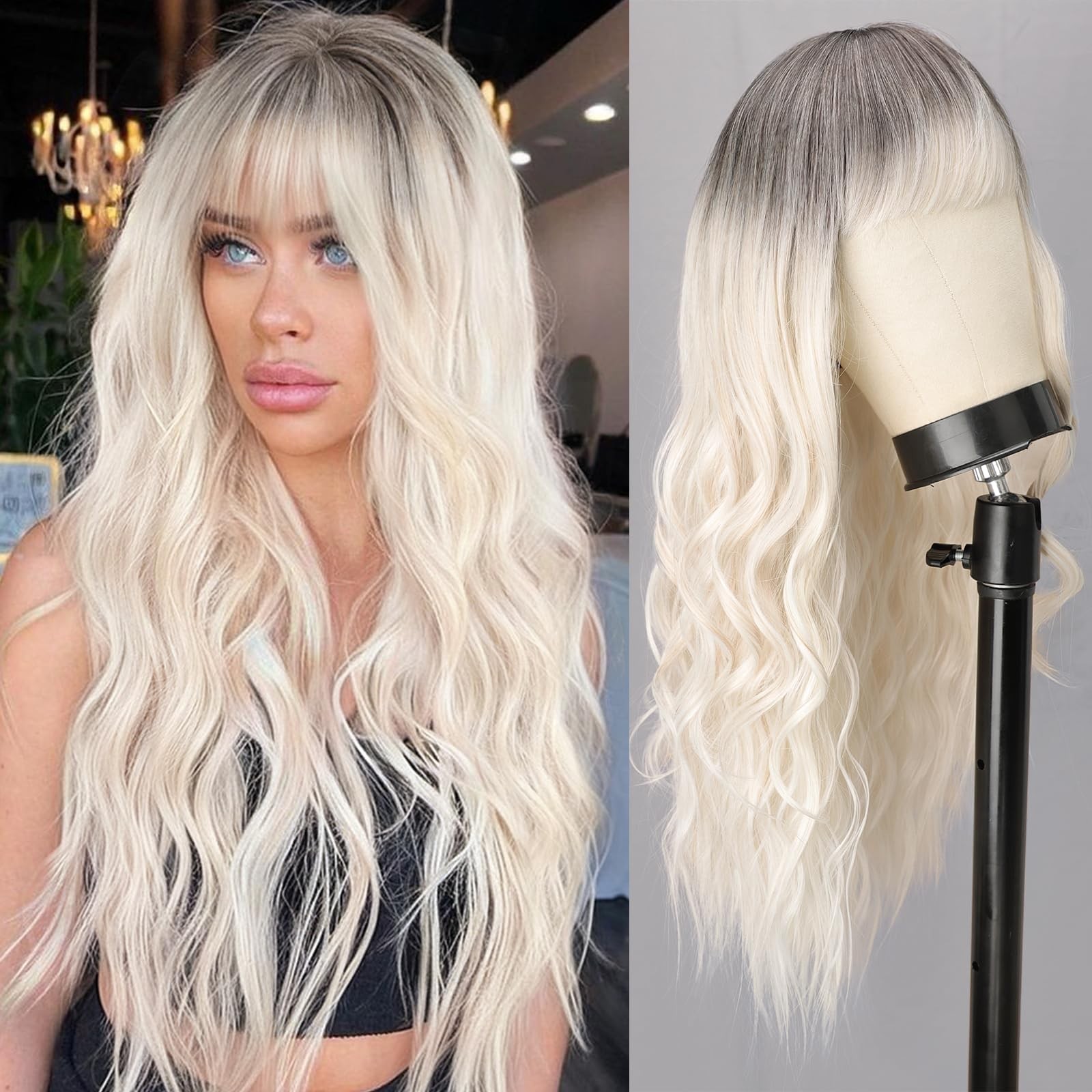Long Wavy Wigs with Bangs for Women Ombre Wig Synthetic Wavy Hair wigs for bl…