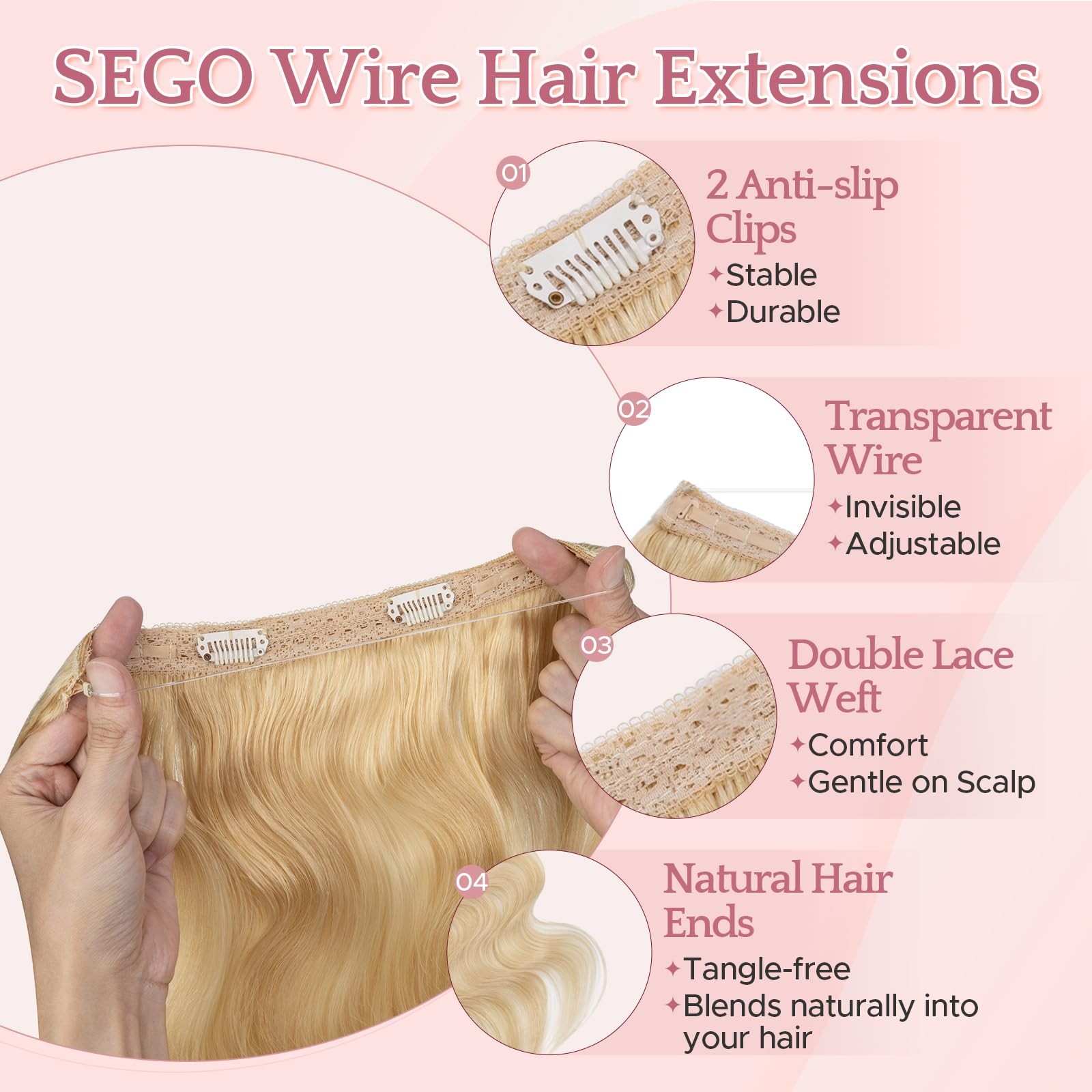Sego Halo Hair Extensions Wavy Adjustable Invisible Wire Extensions Real Human