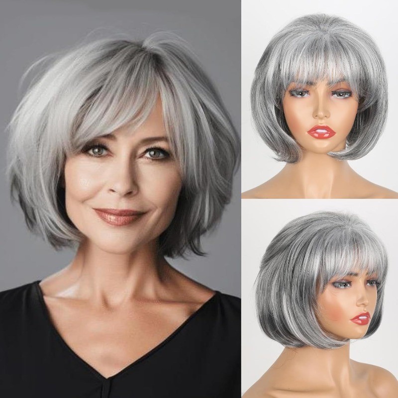 Womens Brown Wig Gray Layered Short Beanie Hairpiece Universal Grey Cosplay Wigs