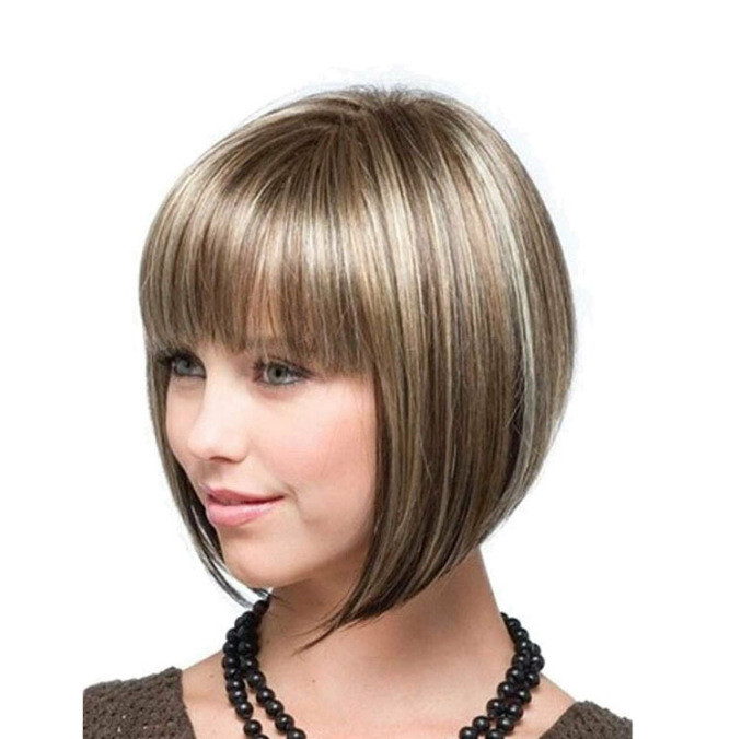Women’s Gold Blonde Mixed Brown Highlights Short Bob Straight Wig Synthetic Hair