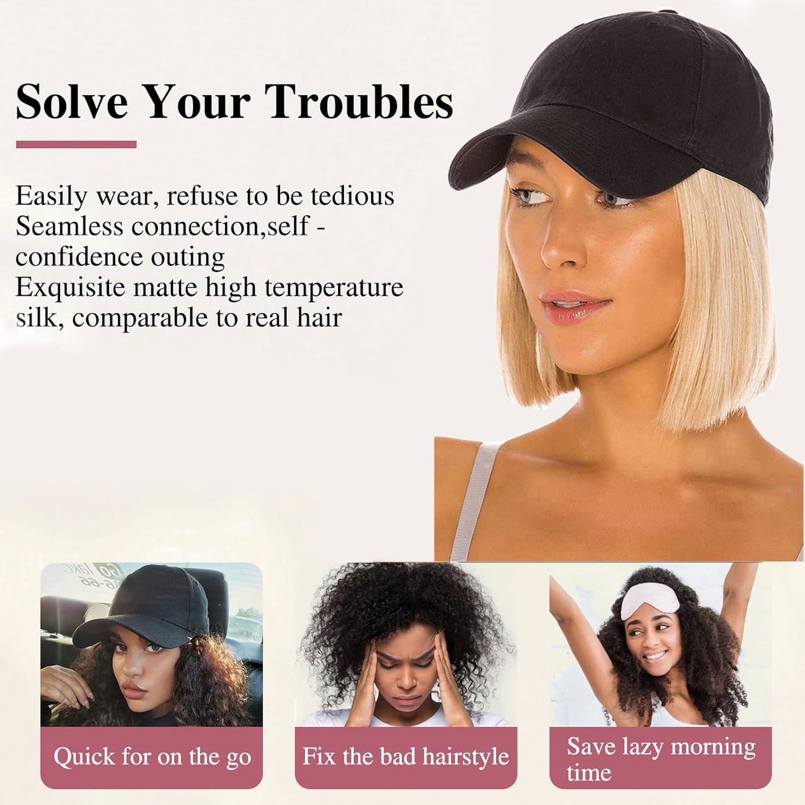 6″ Baseball Cap With Hair Extensions Bob Short Straight Synthetic Hair For Women