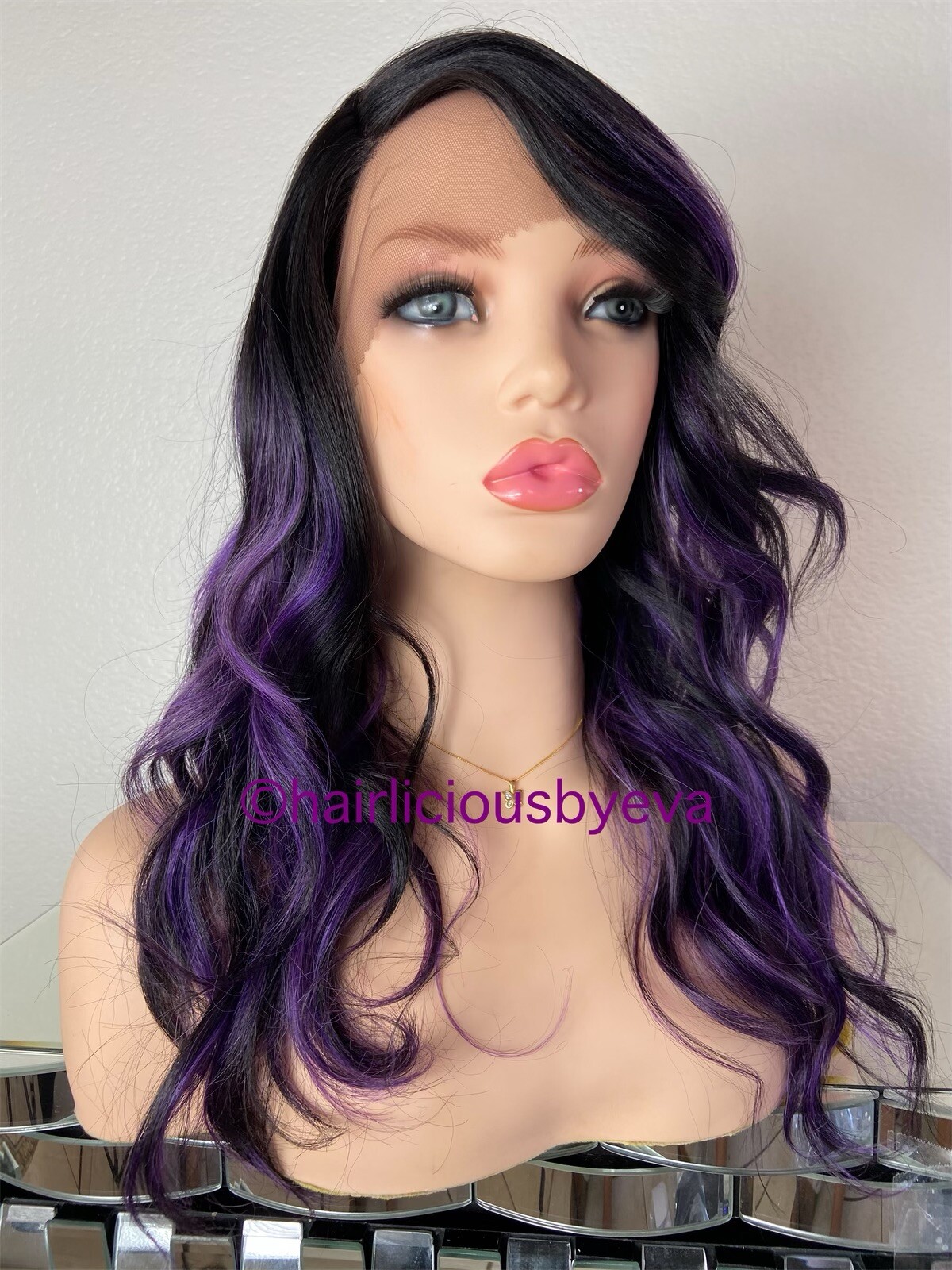 Blue Wig Ombré Black Lace Front Side Part Wavy Layered 20 Inch Long Heat Ok