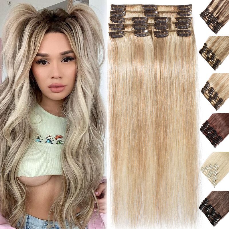 Indian Clip In 100% Human Hair Extensions Full Head 8PCS Remy Balayage Blonde