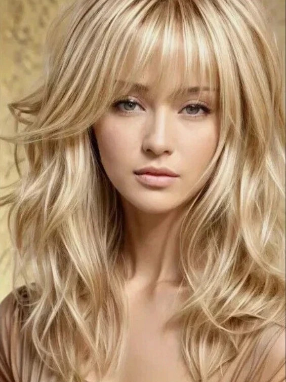 Real Human Hair New Fashion Layered Long Golden Blond Wavy Women’s Wigs 20In