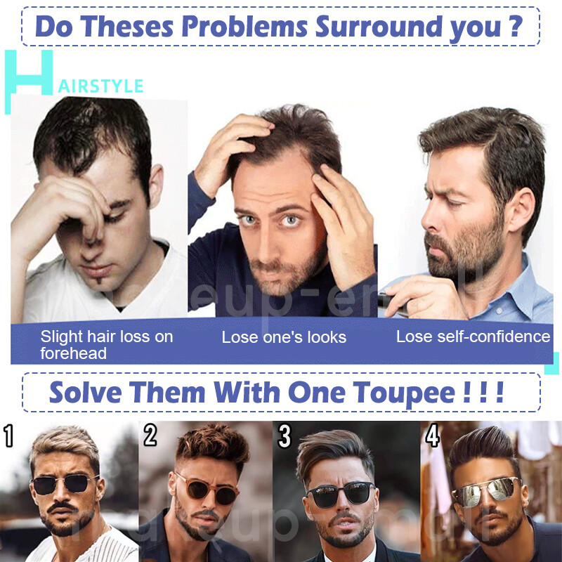 Front Hairline Mens TOupee 100 HUman Hair Replacement System Hairpiece Thin SKin