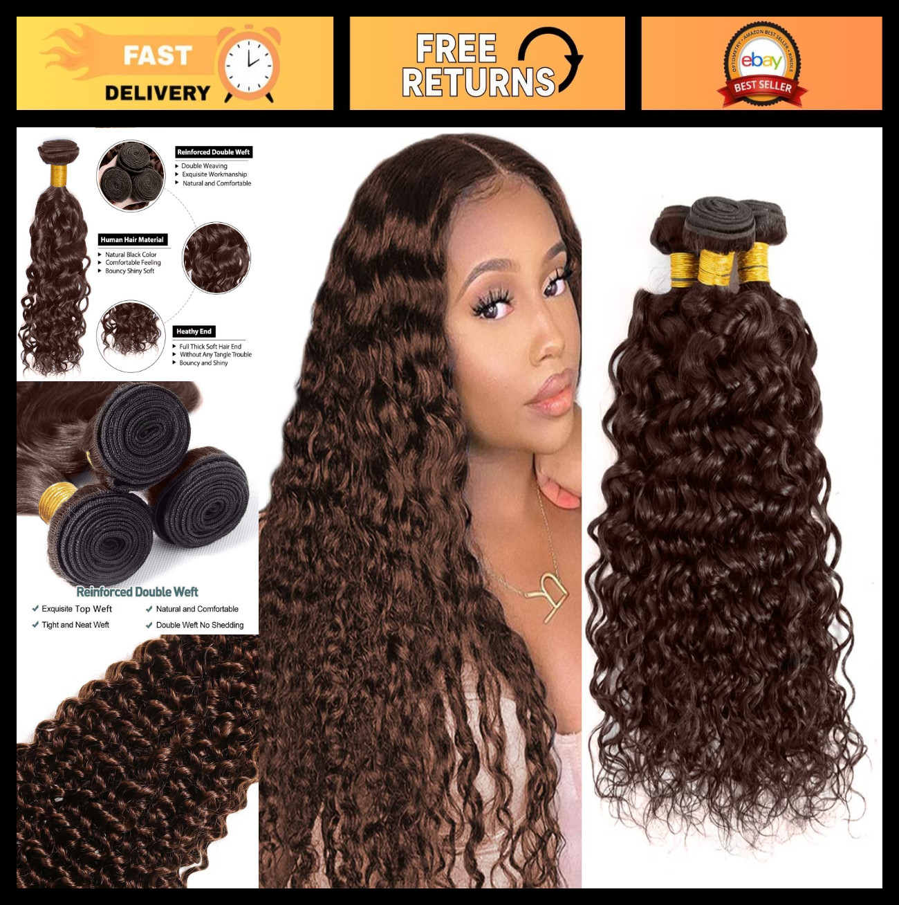 Brown Water Wave Human Hair Bundles 22-26 Inch Wet & Wavy Chocolate Brown 300g