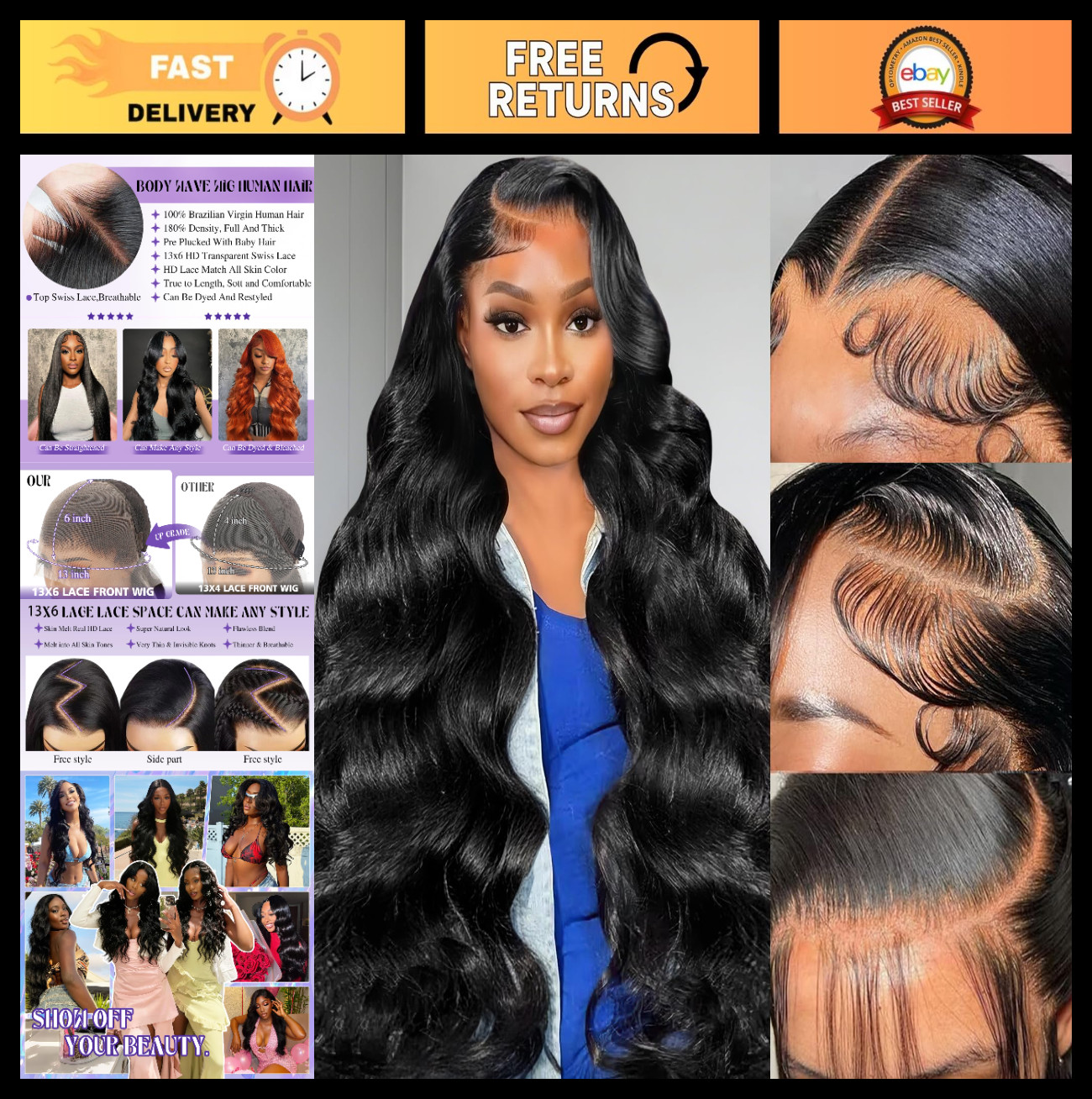 13×6 Lace Front Wigs Human Hair 180% Density Body Wave Glueless 36 Inch Natural